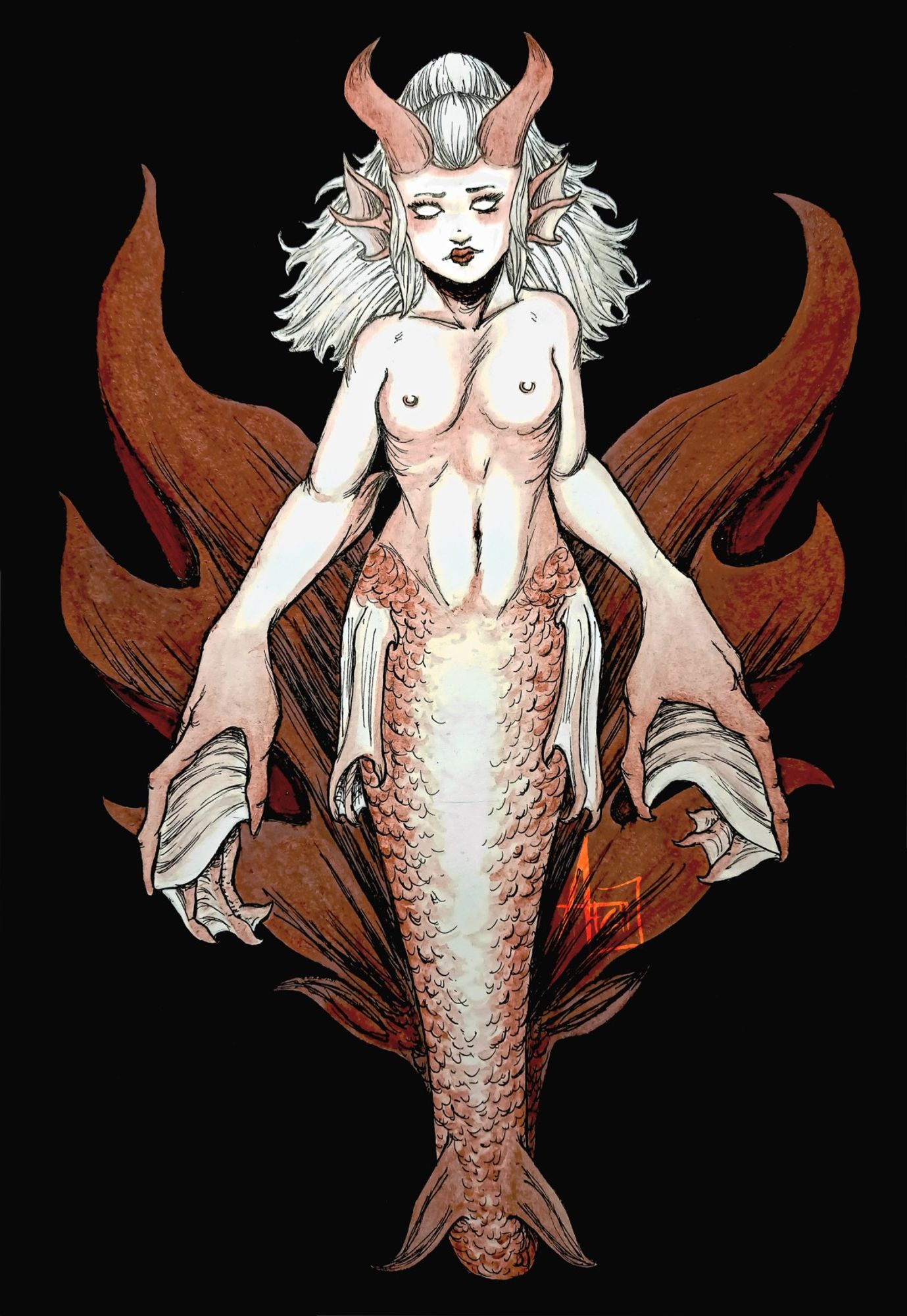 A naked mermaid with demon horns and giant claws