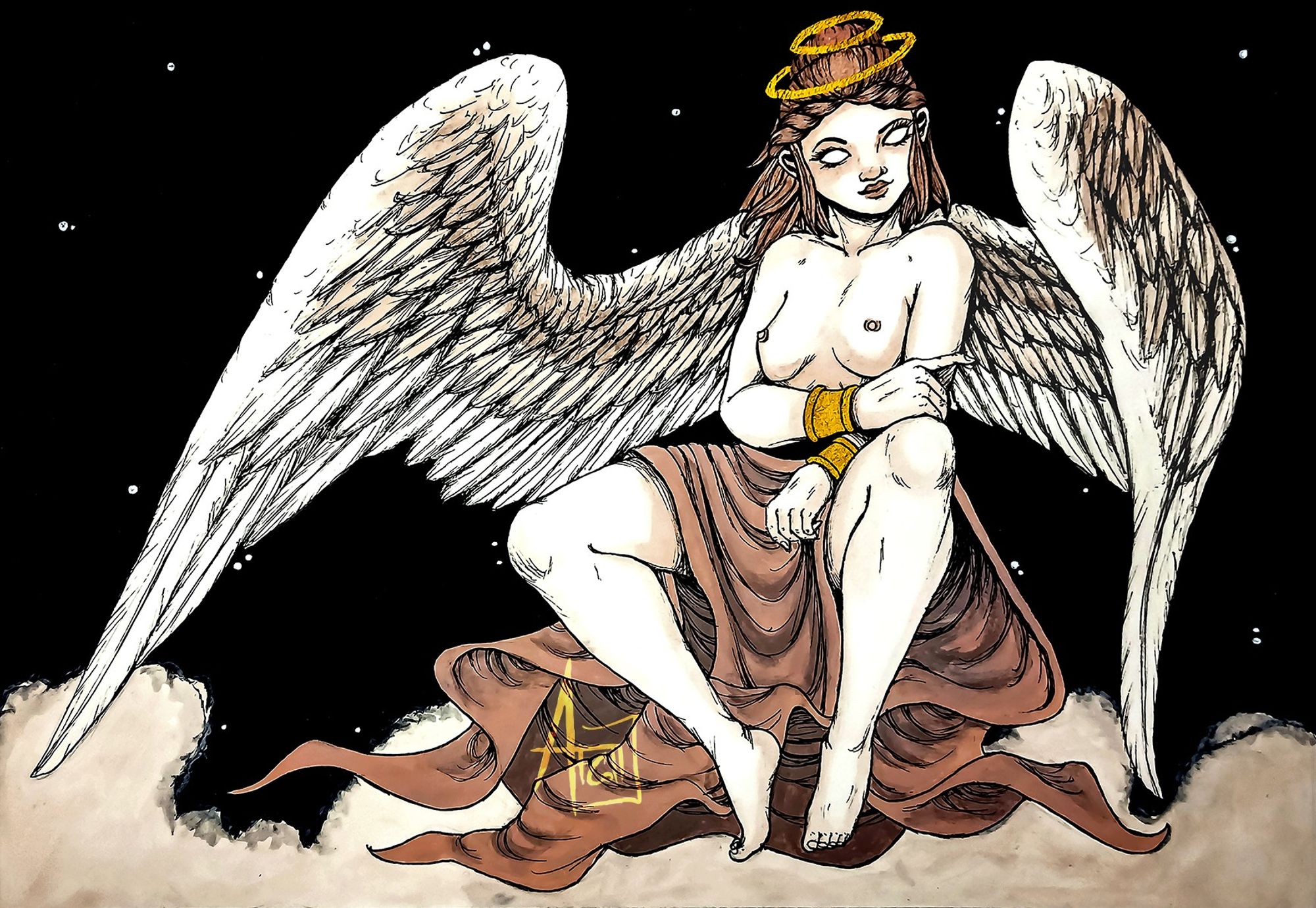 A seminude angel girl with her wings unfurls sitting on the clouds.