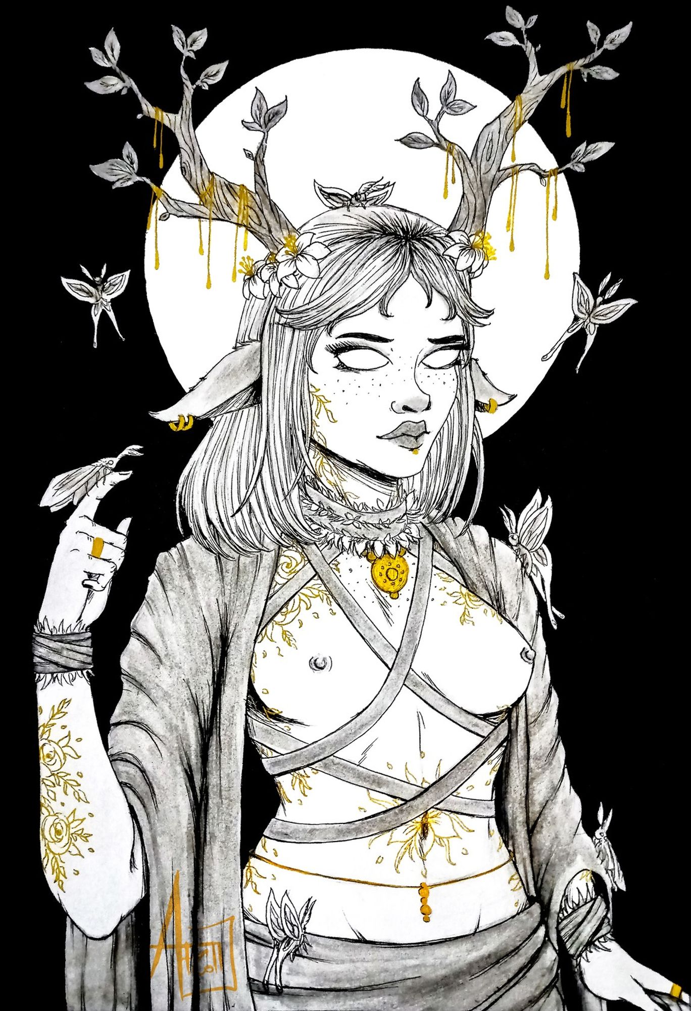 A Dryad with tree antlers wearing an open coat, covered with golden tattoos, jewels and moths.