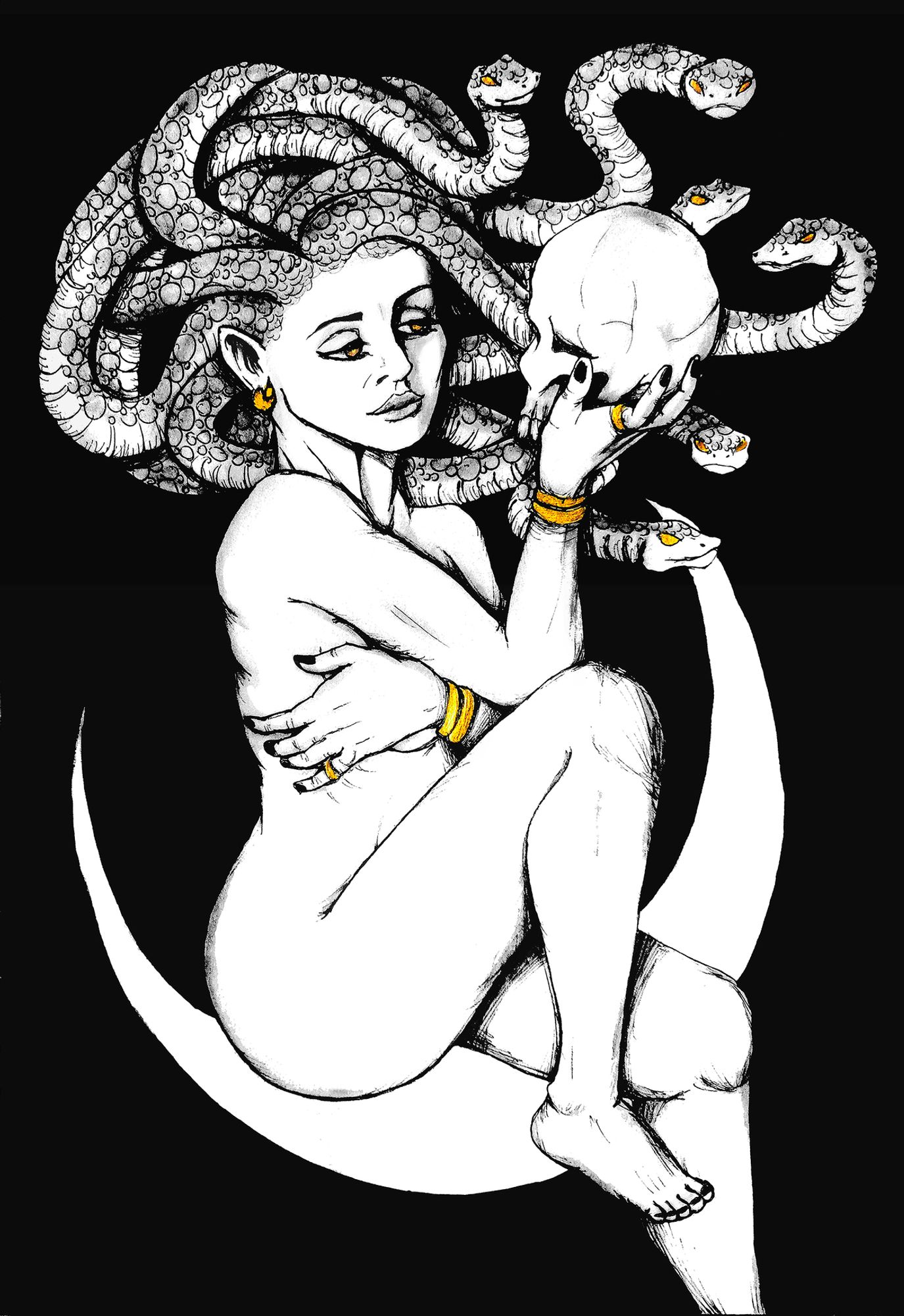 Medusa posing staring at a skull.