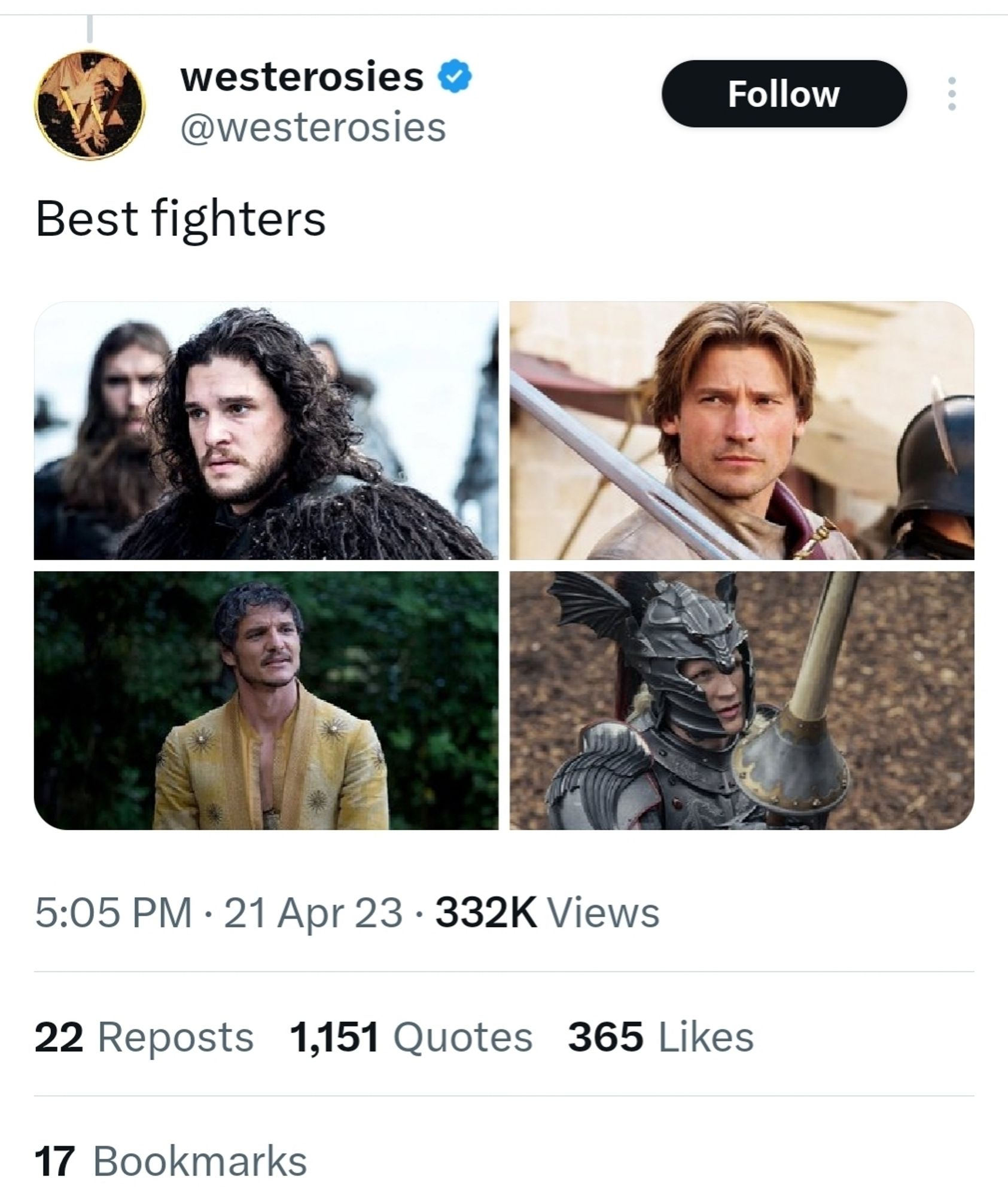 Tweet asking who is the best fighter in Westeros. The options are Jon Snow, Jaime Lannister, Oberyn Martell or Daemon Targaryen