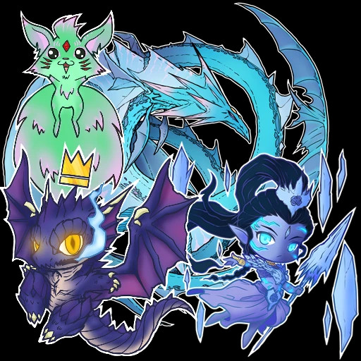 chibi versions of carbuncle, bahamut, and shiva summons in a group layout inspired by designs in the final fantasy series. leviathan is in the background