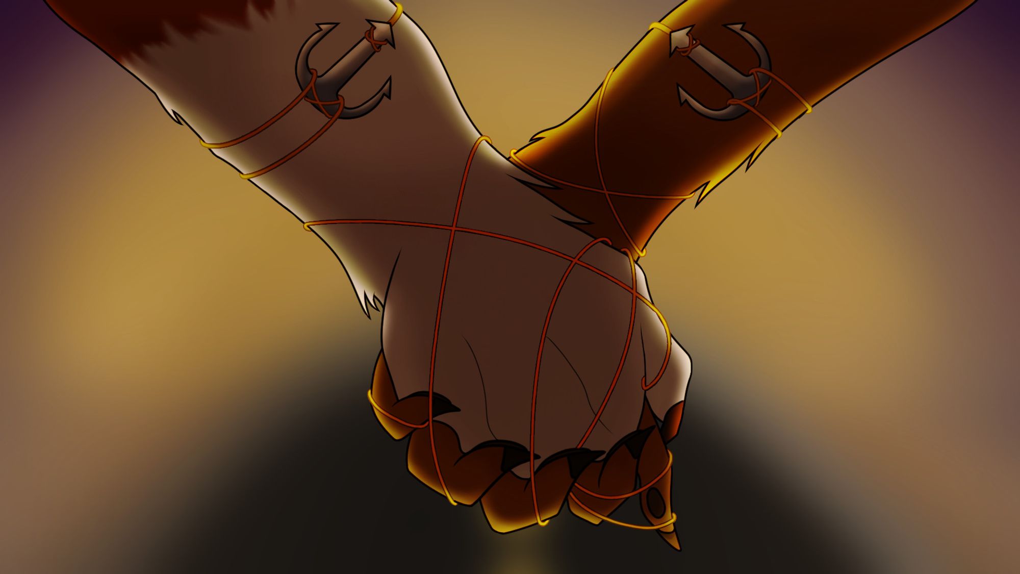 Digital art of Chase and Leo's clasped hands with a blurred sunset background. They are both wearing anchor bracelets and the string of the bracelets has tied their hands together.