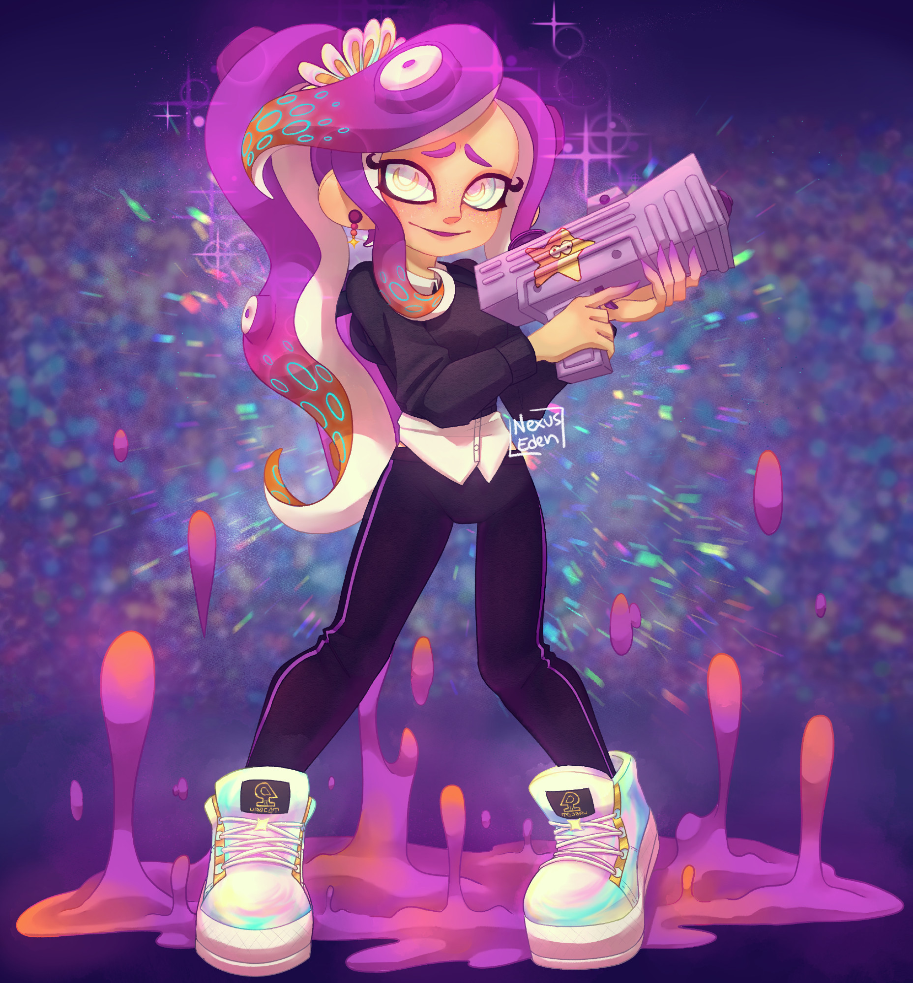 Splatoon Kofi Commission of an octoling OC owned by @Sombraling on TwitterX.