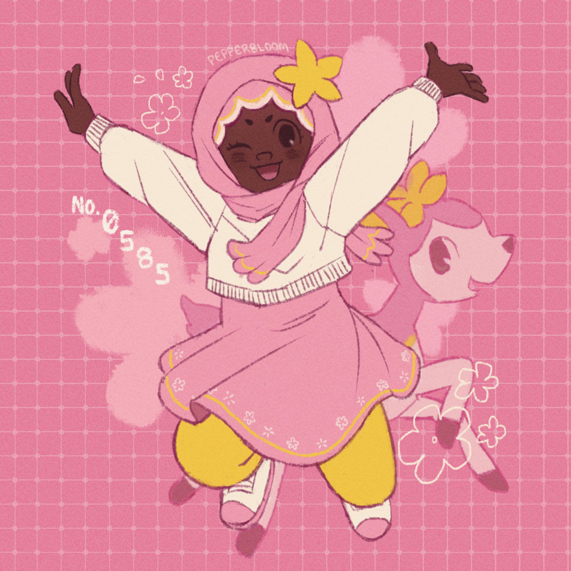 a digital character drawing inspired by the pokemon deerling. a girl in a pink hijab and matching dress jumps at the camera, smiling, her arms spread wide. a deerling prances behind her. the drawing is labelled "no 0585" for the pokedex number.