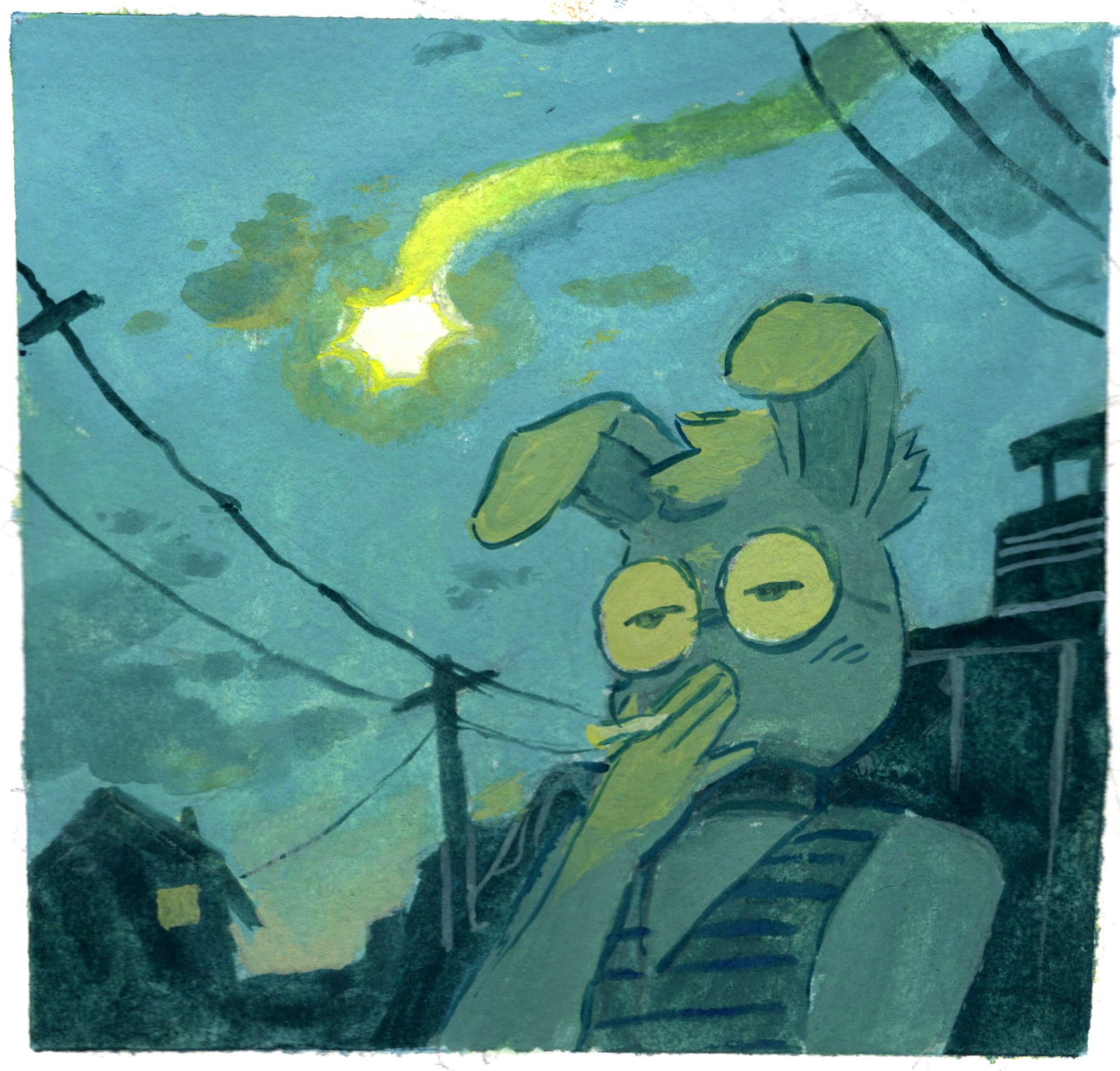 gouache sketch of my character Lorelai, a rabbit furry, standing and smoking outside at twilight. in the background, an ominous comet lights everything up green.