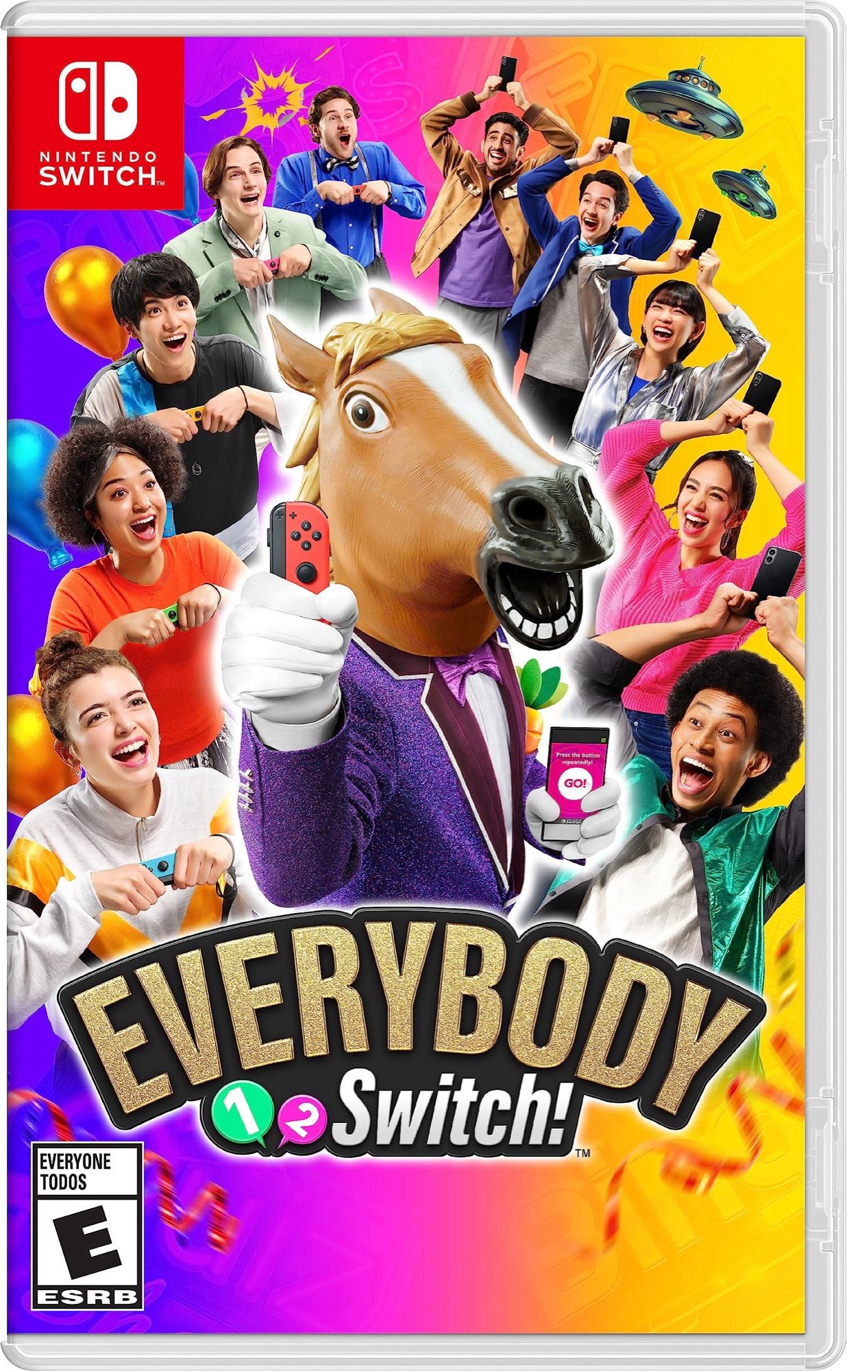 Image of the game cover Everybody 1 2 Switch, consisting of a man with a horse mask in the middle, holding a red joycon. He is surrounded by many other people.