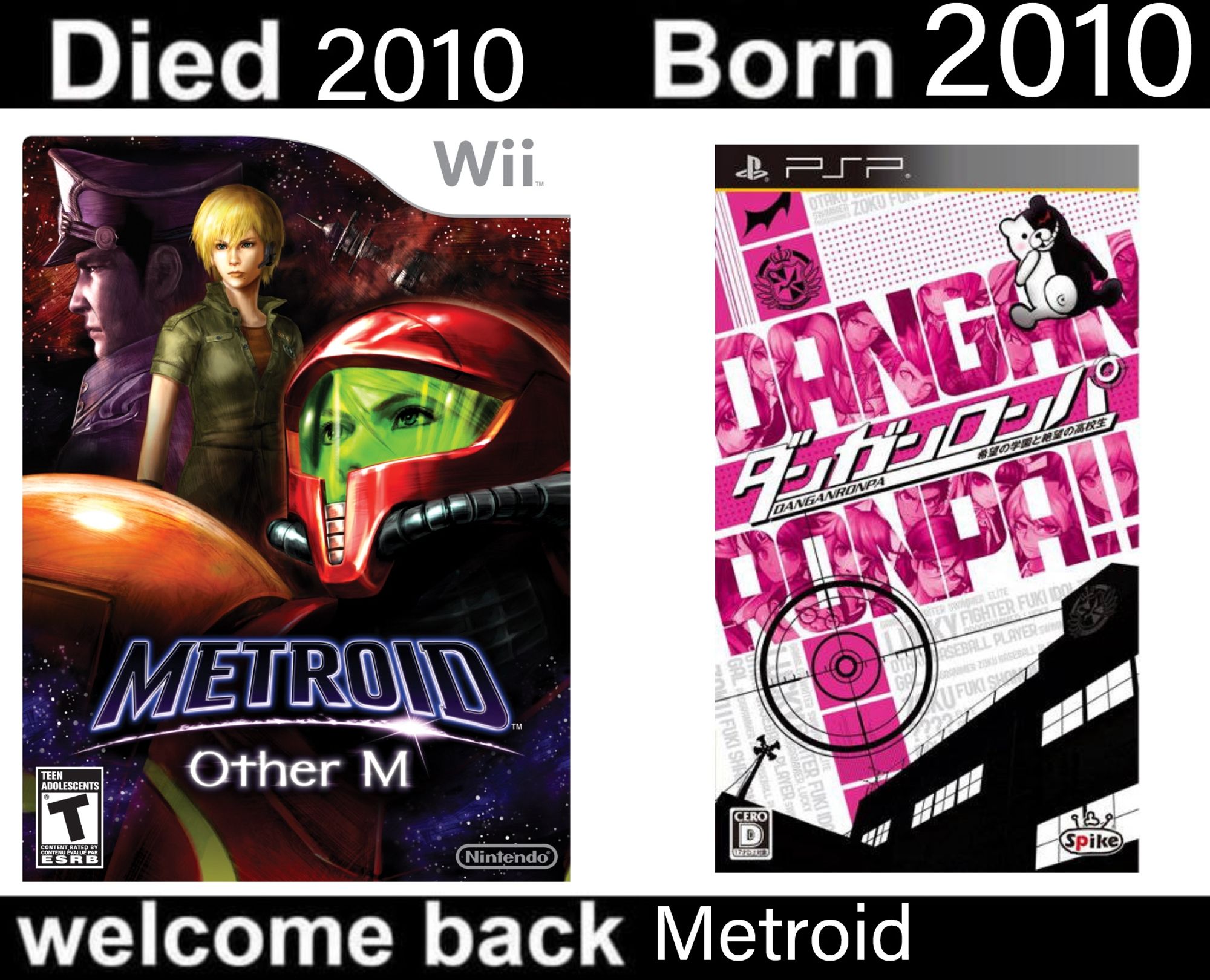 At the top, it says "Died 2010" over a picture of the cover art of "Metroid Other M". It also says "Born 2010" at the top of the cover of "Danganronpa: Trigger Happy Havoc"

At the bottom, it says "welcome back Metroid".