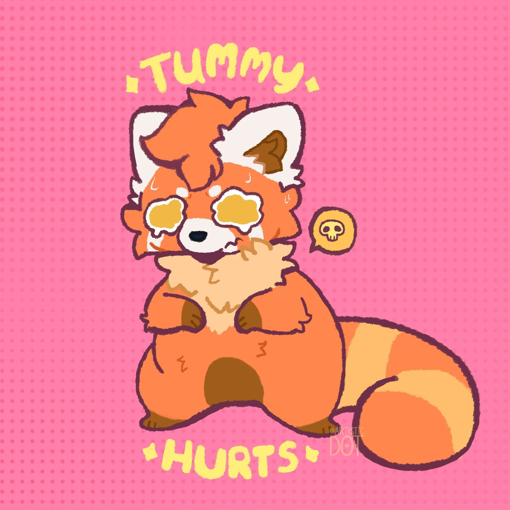 Chibi red panda with stomach aches and the saying "Tummy Hurts" around it.