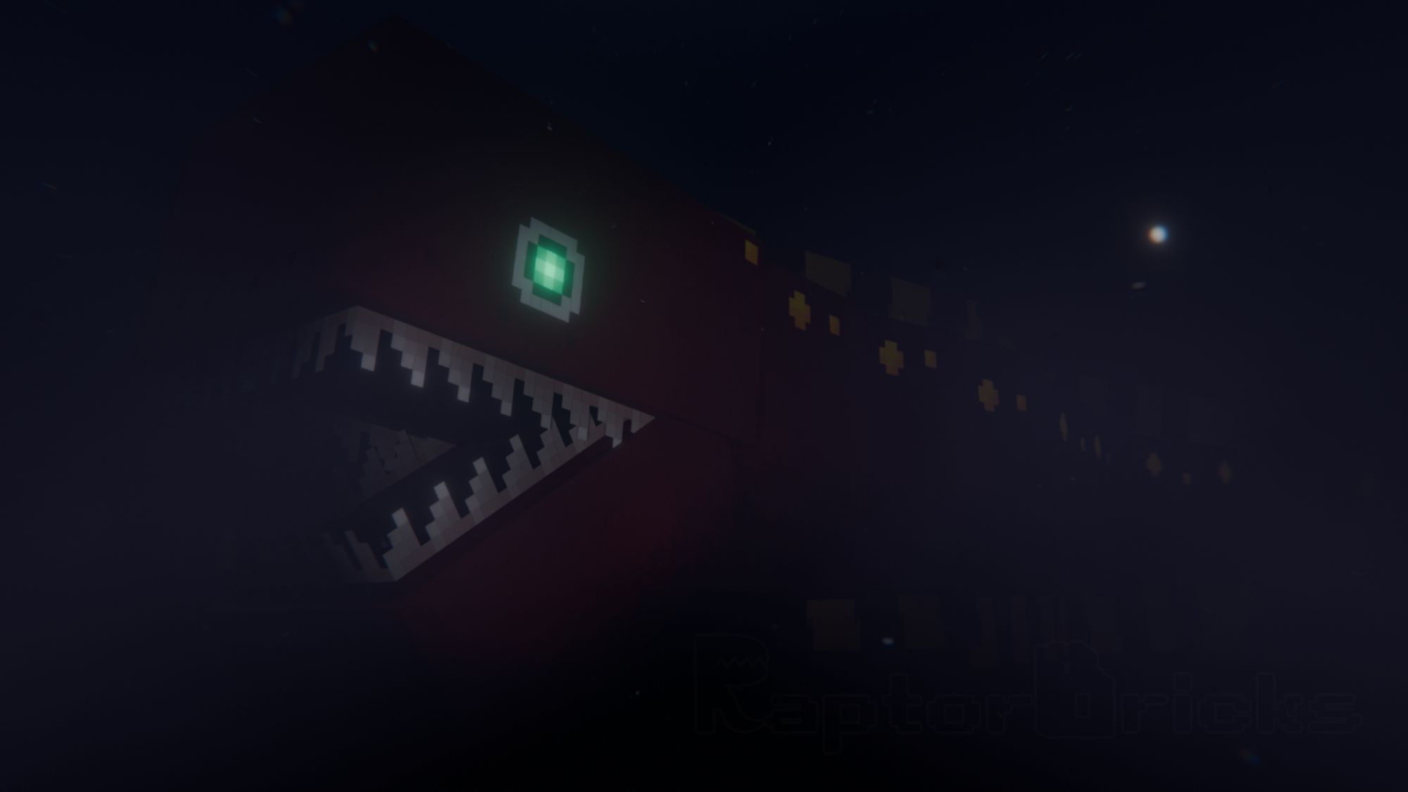 A 3d render of a minecraft style model of Maw Ray from the Super Mario series. It is a giant deep red eel with razor sharp teeth, reflective green eyes and bioluminescent spots along it's body.

It is rendered  in a way that looks similar to a photo of a deep sea probe with the eel's body mostly obscured by foggy waters, with the headlamps of the probe illuminating it's face and glinting off it's teeth.