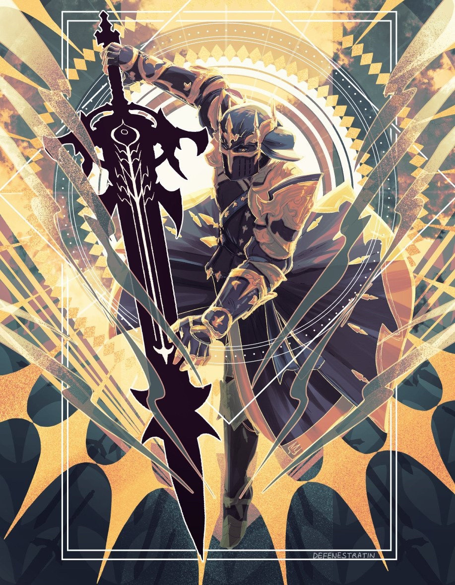 A tarot card-style illustration showcasing Fray from Final Fantasy XIV wielding his sword, pointed downwards in a lunge while graphic elements of cloud and wind wisps swirl behind and before him.