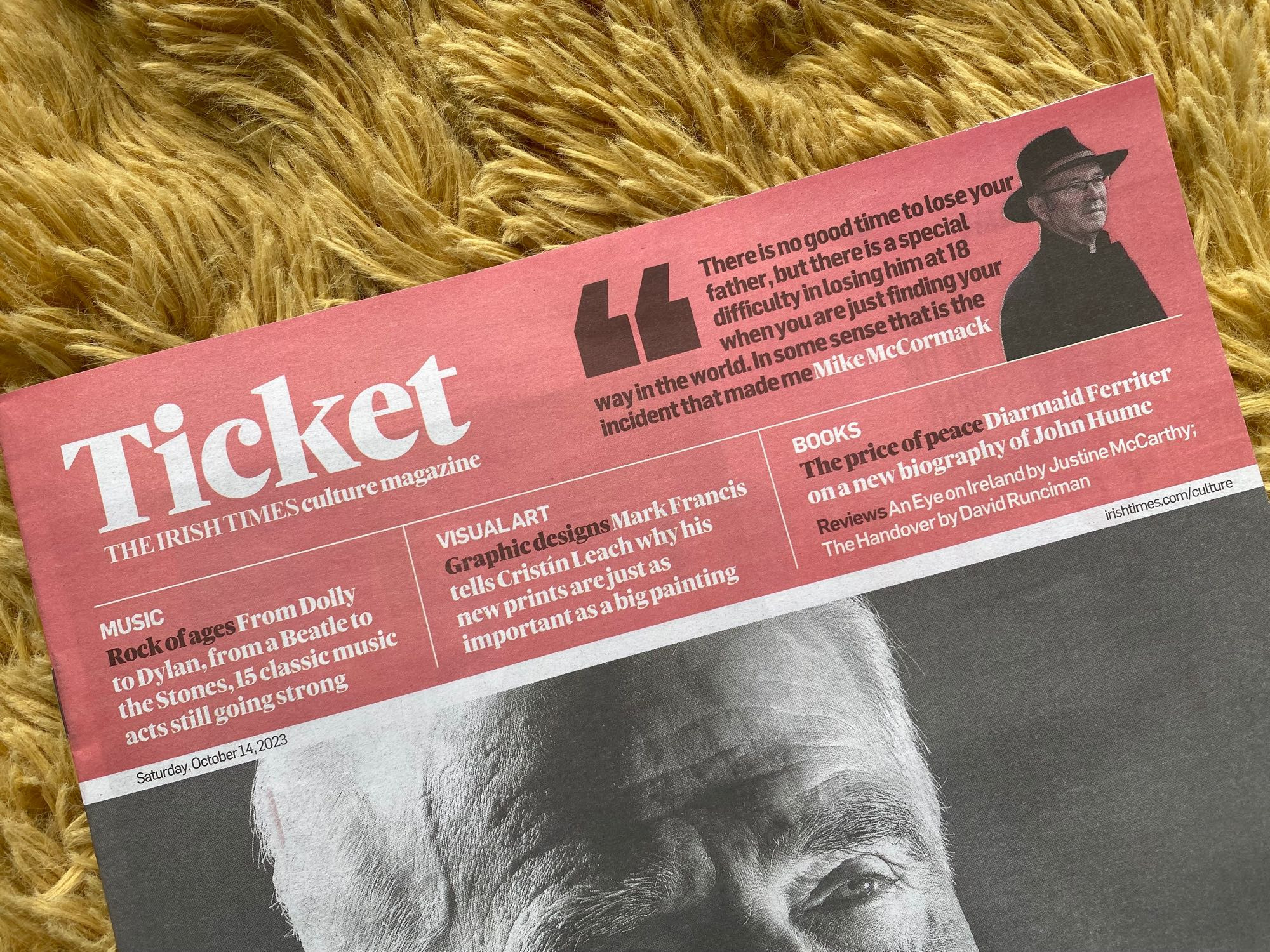 Top part of Ticket, the Irish times culture magazine. With feature text that reads: VISUALART
Graphic designs
Mark Francis tells Cristín Leach why his new prints are just as important as a big painting