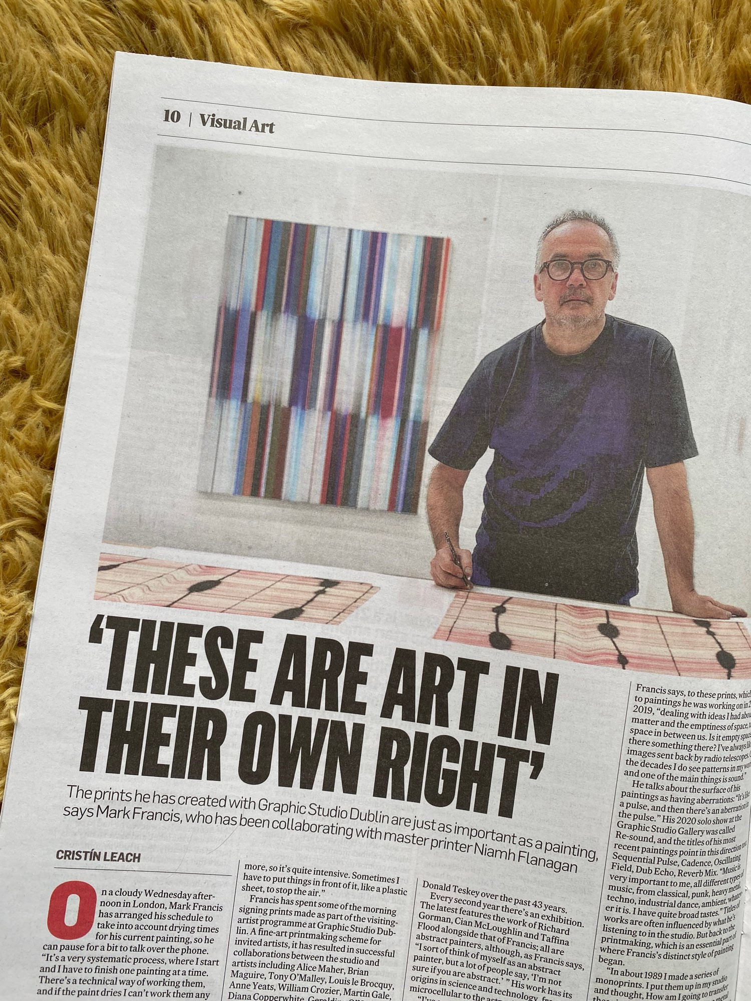 Part of the printed feature inside. Headline: These Are Art In Their Own Right with large photograph of artist Mark Francis signing prints in his London studio when one of his abstract paintings on the wall behind. Sub head: The prints he has created with Graphic Studio Dublin are just as important as a painting, says Mark Francis, who has been collaborating with master printer Niamh Flanagan