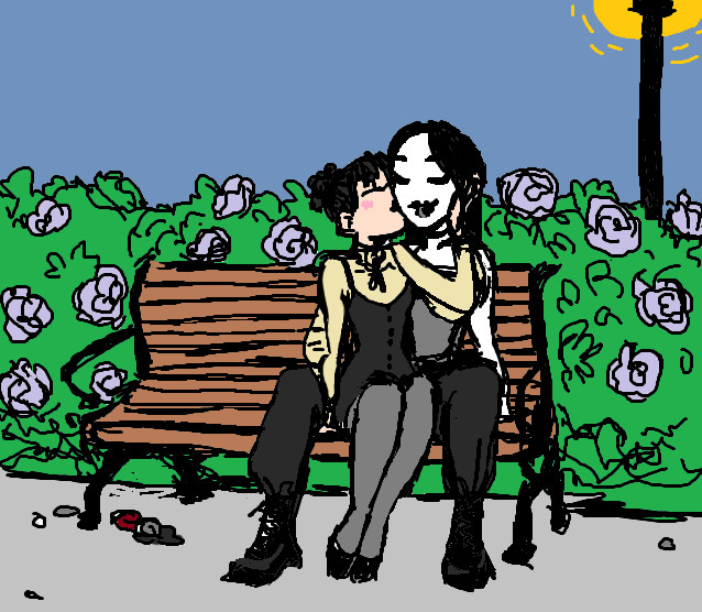 Illustration of two ocs belonging to Skye and I kissing.

The ocs are two vampiric witches who are very much in love. In this drawing they're sitting on a park bench together in front of a rose bush. Eloise (my oc) is planting a kiss on Noemi's (skye's oc) cheek. Eloise sitting between Noemi's legs.