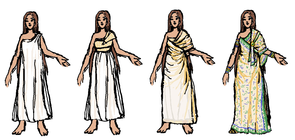 Commission for Amélie of Sérranian clothing for Portal To Sérranie
https://www.worldanvil.com/w/portal-to-serannie

The image shows the different layers of Sérranian dress, starting with a thin shift tied over one shoulder like a toga. The second layer is a thicker decorated band of fabric to support the bust. The third layer is a very fine gossamer-like layer draped around the body. Finally is a decorated thin fabric similar to the third layer, but with ornate details and sigils decorating all of it!