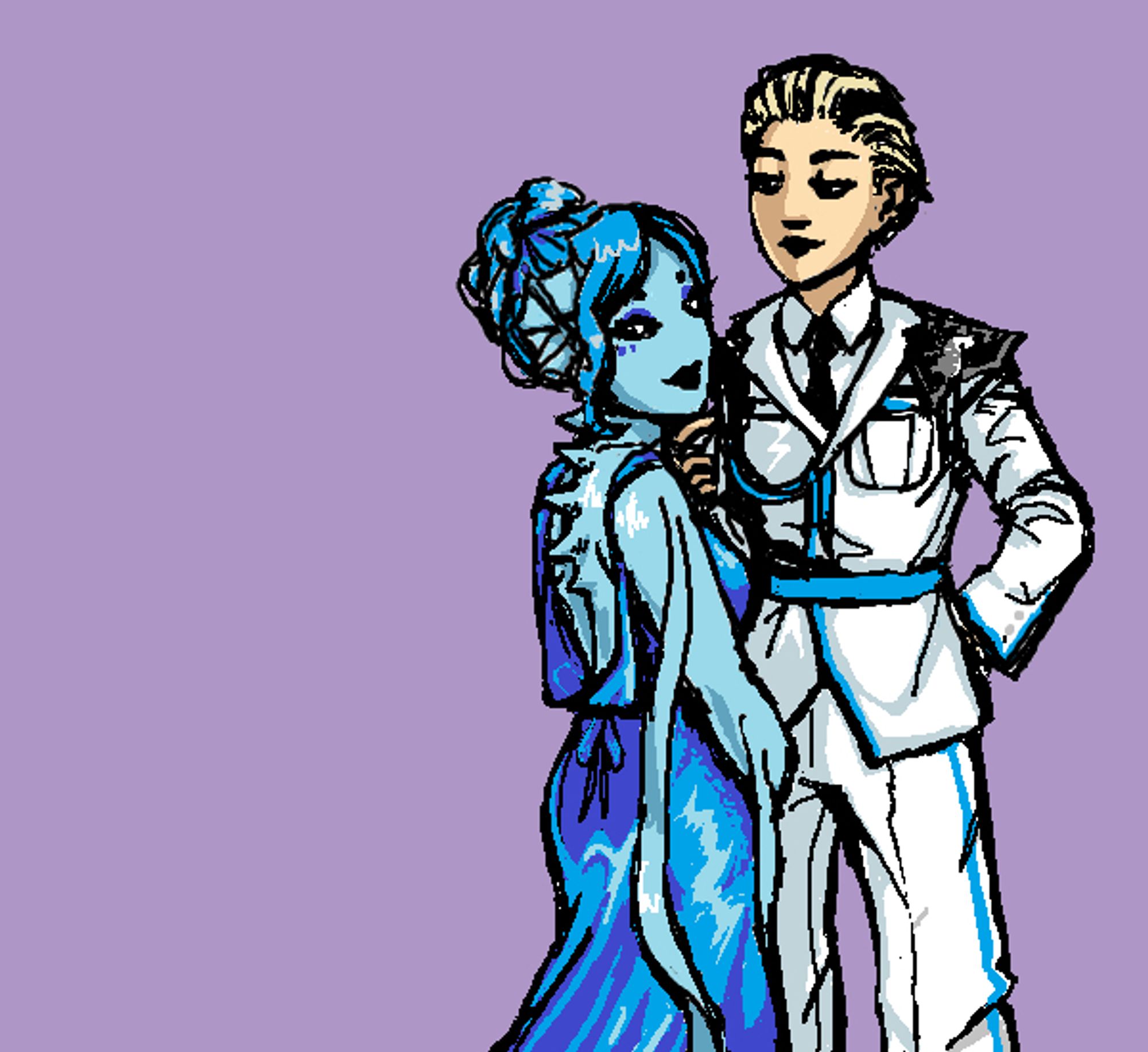 A drawing of my ocs Blue and Eun in formal wear. Blue is in a blue shiny dress, and Eun is in her dress uniform. Eun is gently carressing Blue's chin.