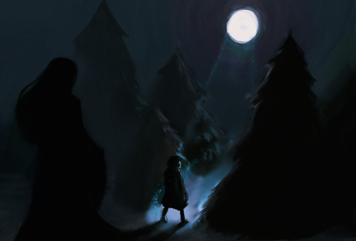 Fanart I drew for Shedim, an urban fantasy setting made by Qurilion. 

In a dark pine forest at night, the moon shines down on a girl. There's a magical glow wherever the moon touches. In the shadow of the girl is a looming female figure with long hair wearing something akin to robes or a medieval dress. 

The moon is serving as a Gate to another, darker world. Read more about that here: 
https://www.worldanvil.com/w/shedim-qurilion/a/gates-landmark

and the moon:
https://www.worldanvil.com/w/shedim-qurilion/a/the-moon-wants-to-murder-you3A-fact-or-fiction3F-myth