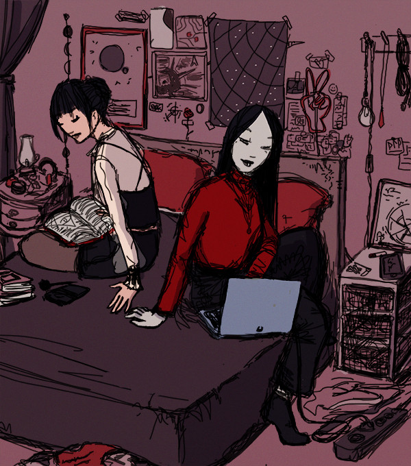 An illustration of two women, Eloise and Noemi, studying in a bedroom, their hands are almost touching. One appears to be studying an ancient tome, while another is on her laptop. Assorded clutter in the background reveals a mystical bent, with starcharts, sigils and crystals between other mementos. Drawn in photoshop.