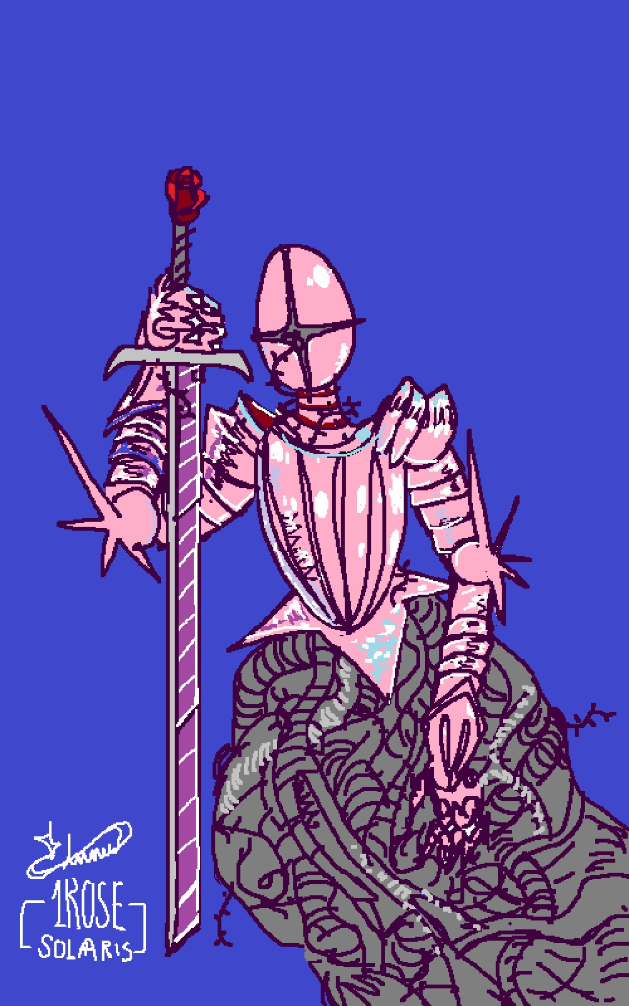 Illustration of a rose knight. A futuristic knight in plate armour from the torso up, with a mass of roots instead of legs. Vines also twist out from the plate and into the visor. The plate armour is spiky with lots of star-like shapes. They cling to a sword with a rose pommel and a solar-panel like blade. 