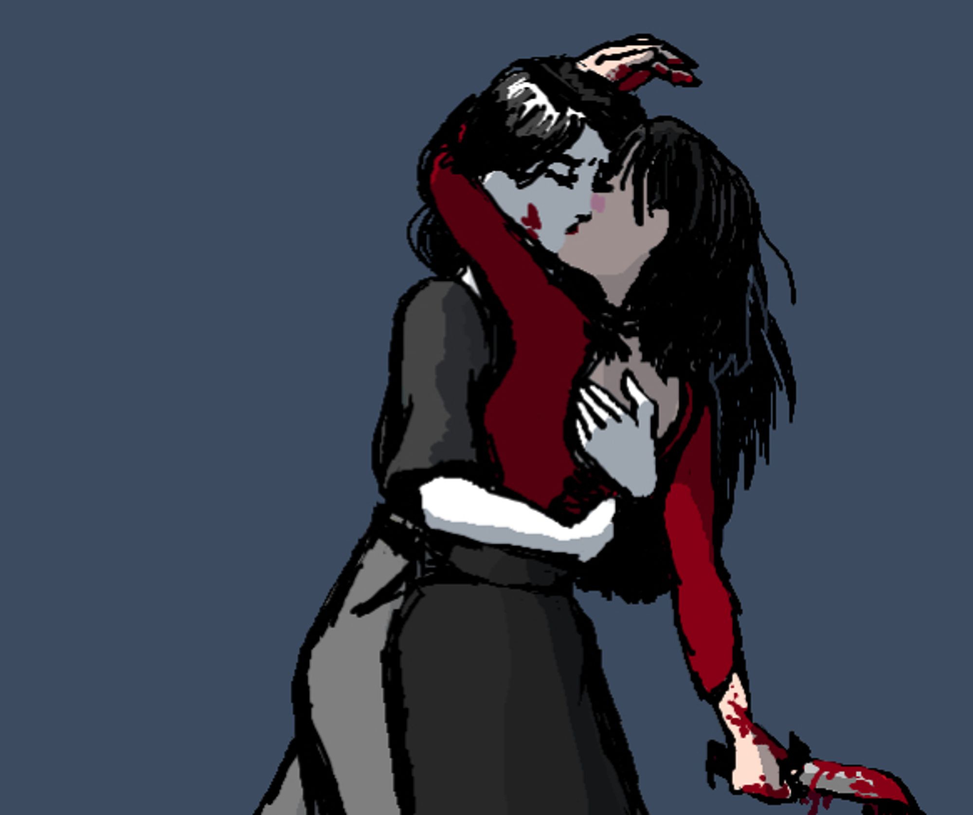 An illustration of my ocs Eloise and Noemi making out. Eloise is holding a bloody knife and has bloody hands. A bit of the blood has made it onto Noemi's face.