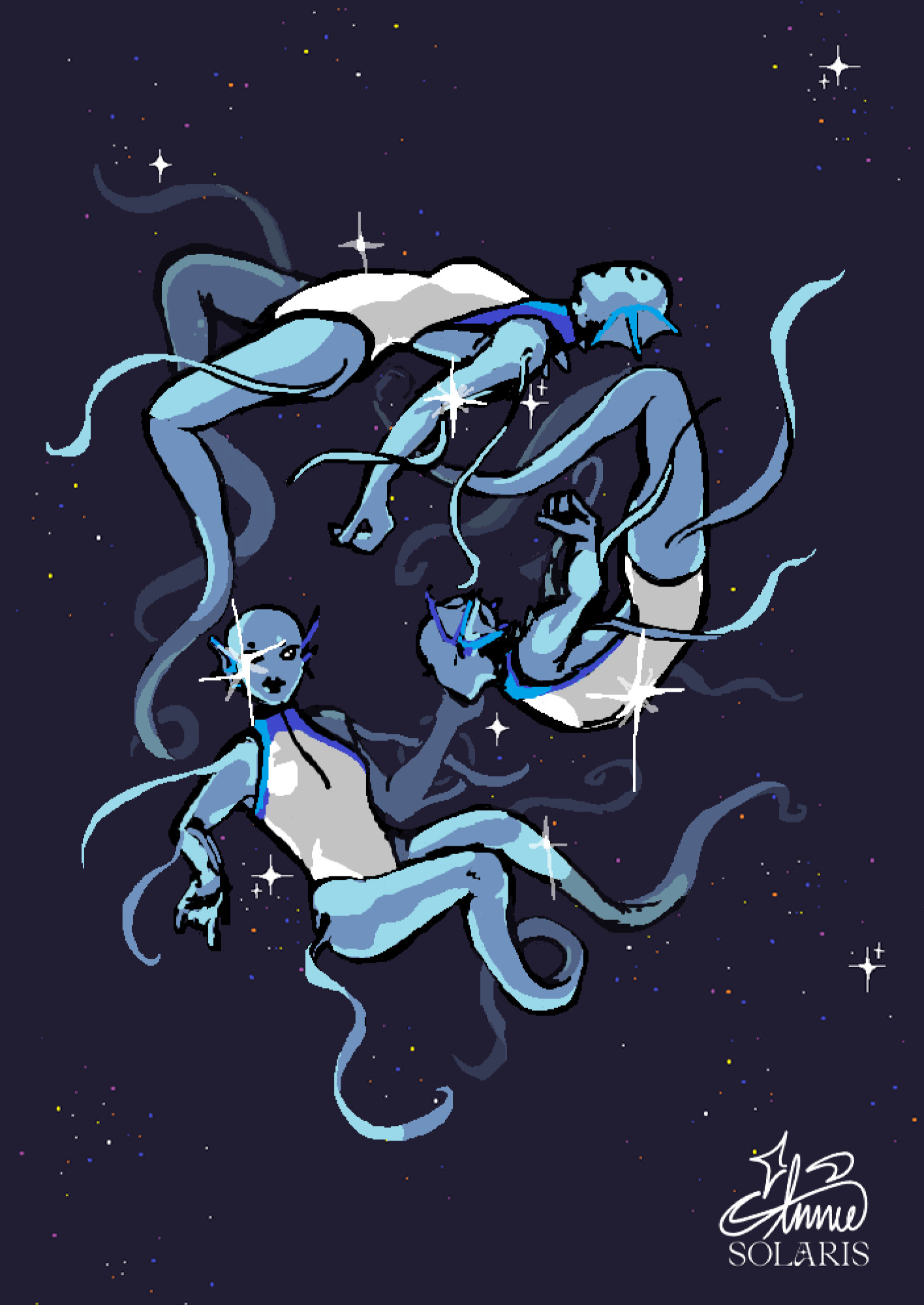 An illustration of Blue NM-2; a blue humanoid alien floating in space. She has ribbon-like appendages that swirl around her. There's three of her, but they're all the same person. They form a triangle or circle with their bodies. Drawn in ms paint, upscaled in affinity photo (text added in affinity as well)