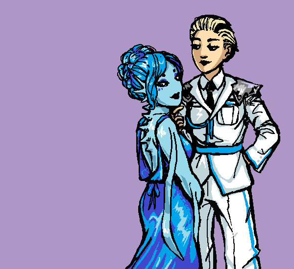 A drawing of Blue and Eun in formal wear. Blue is in a blue shiny dress, and Eun is in her dress uniform. Eun is gently carressing Blue's chin. Drawn in ms paint.