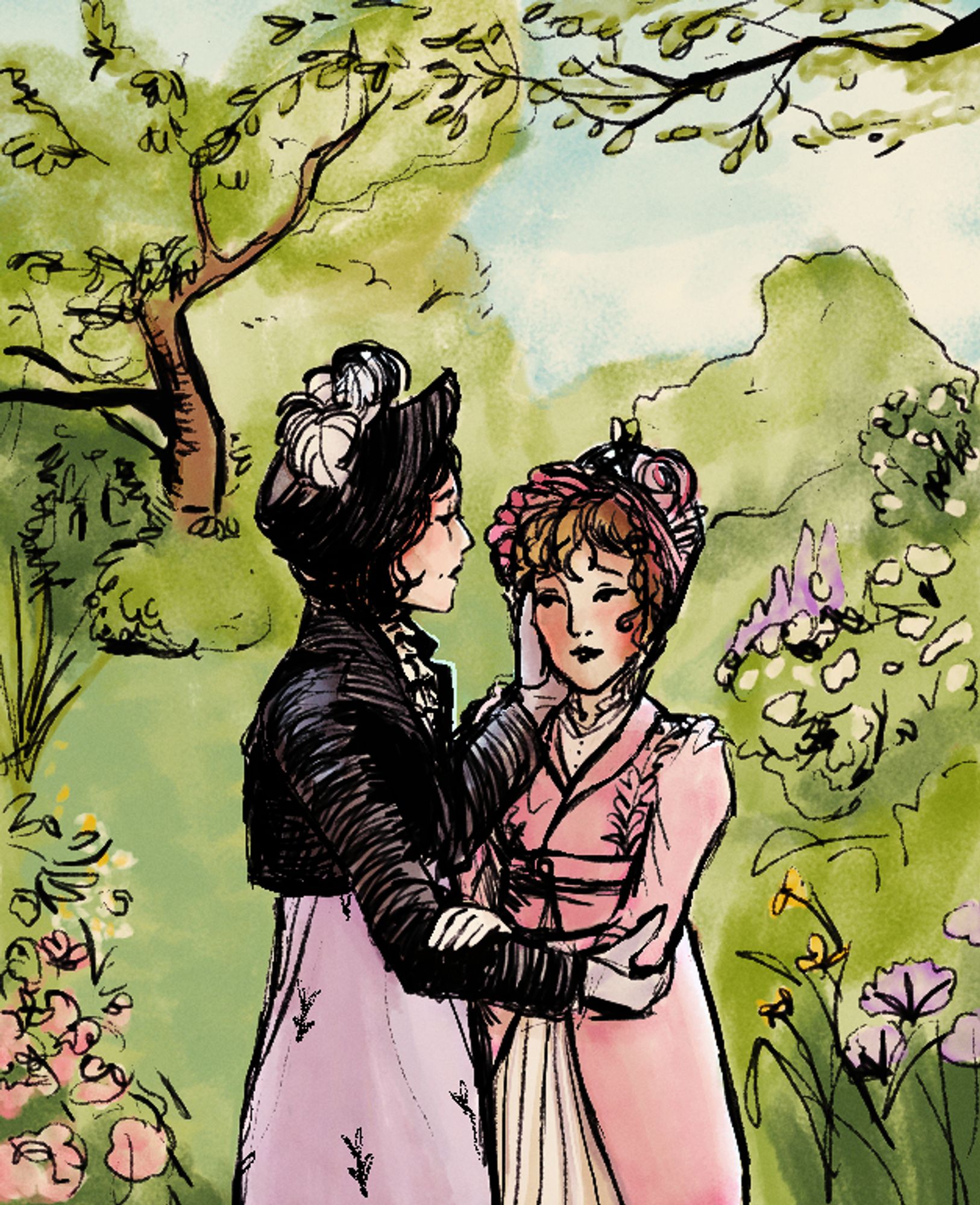 Illustration of two regency women in a garden. One caresses the cheek of the other with a gloved hand. The other woman leans into it, blushing.