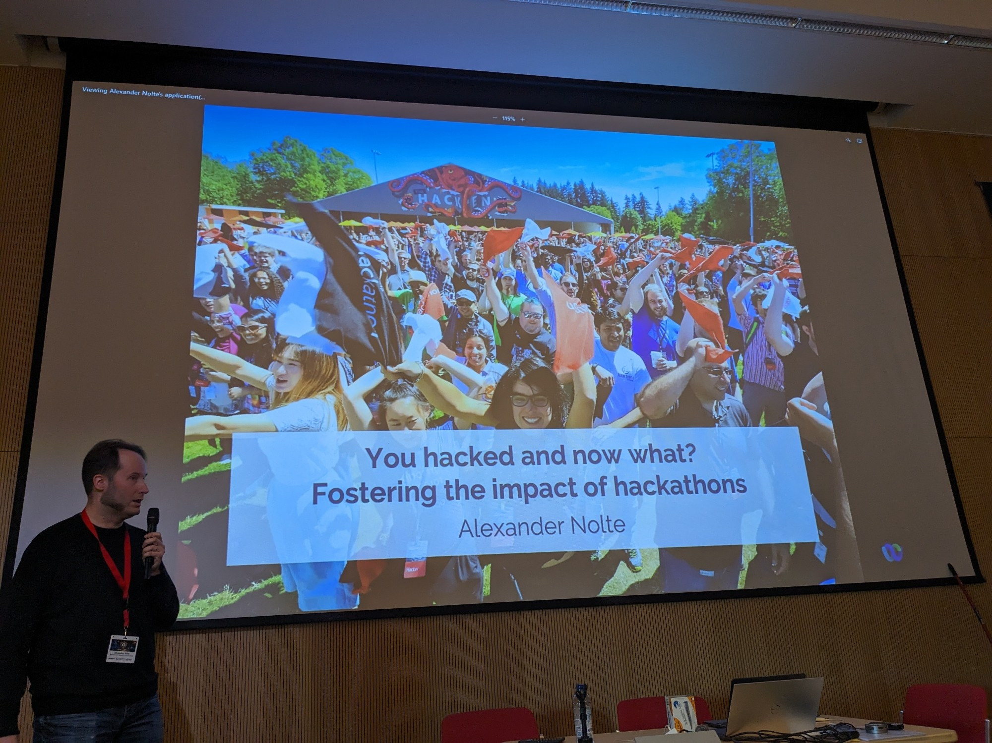 A picture of Alexander's title slide: "You hacked and now what? Fostering the impact of hsckathons"