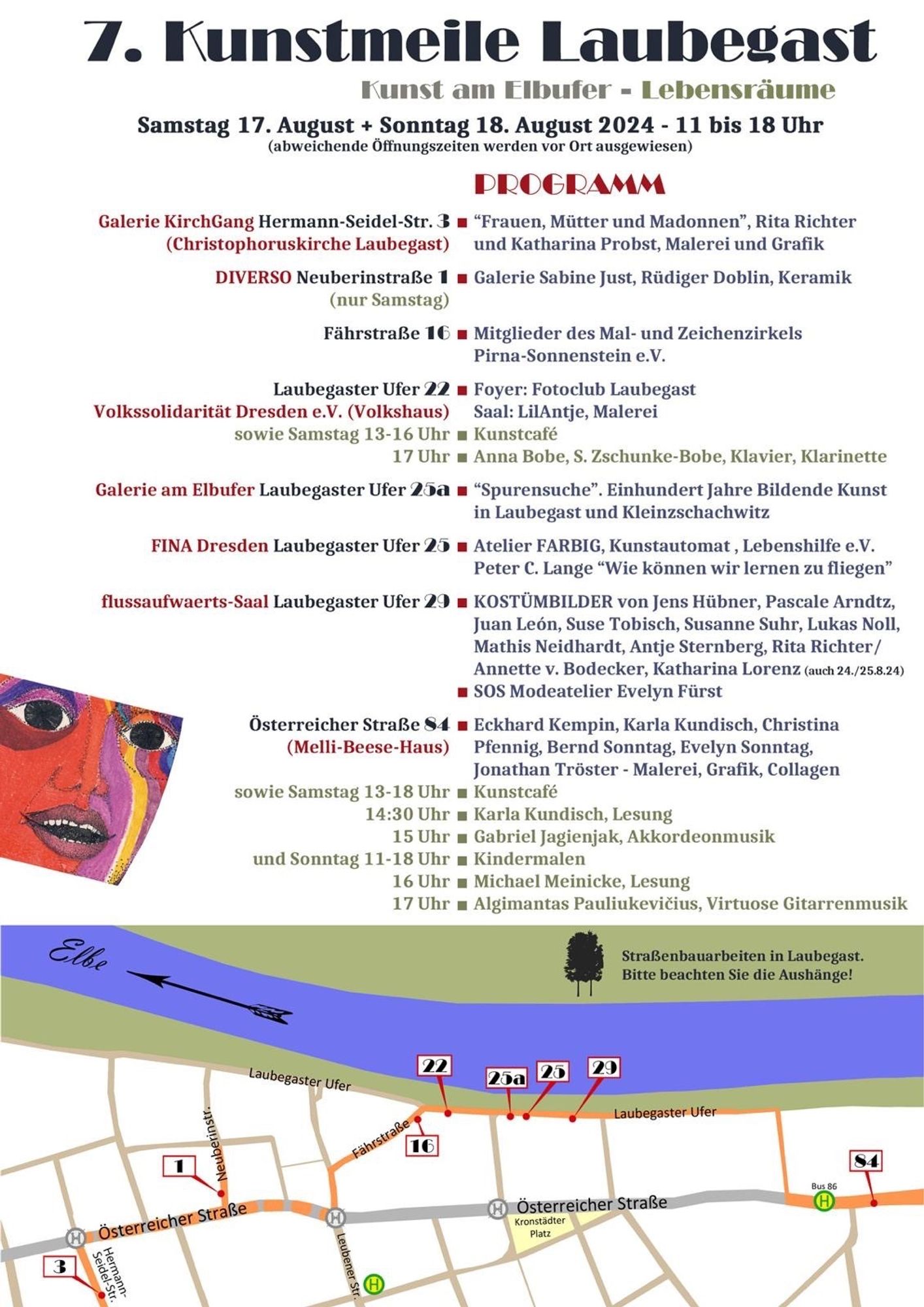 Ein farbenfroher Veranstaltungsflyer für die "7. Kunstmeile Laubegast" mit Kunstausstellungen entlang der Elbe in Dresden Laubegast am 17. und 18. August 2024.