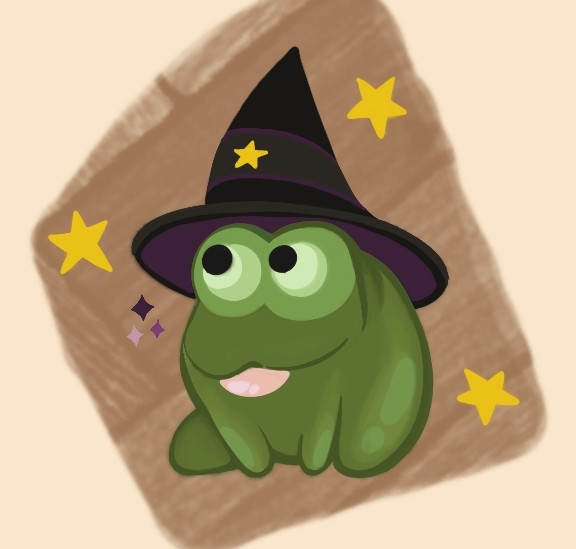 A green frog with wide eyes and a wizards pointy hat. His tongue is out. There are yellow stars around him.