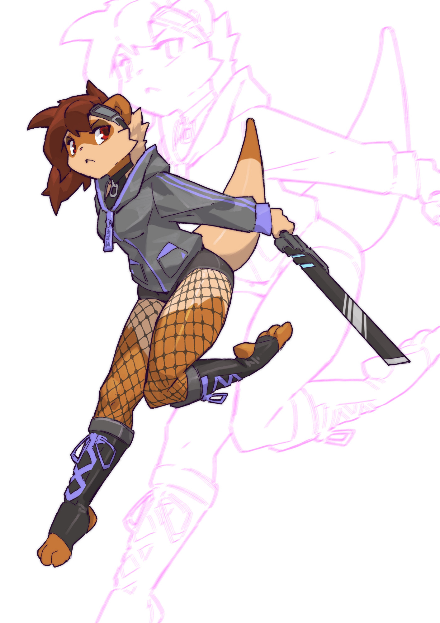 Commissioned artwork of my ferret fursona Venn, wearing a sci-fi punk AU outfit and holding a sword in the same style.