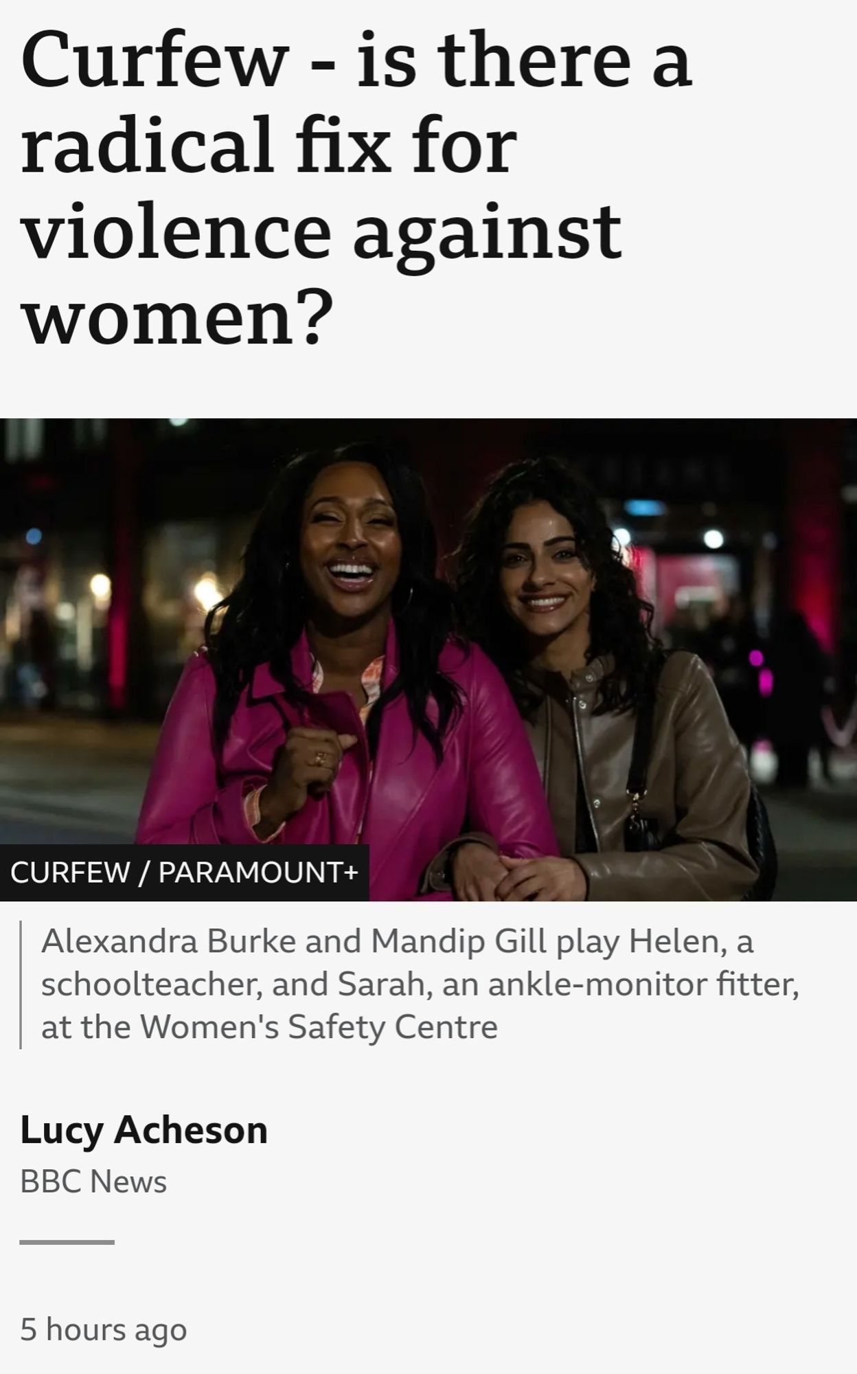 Screenshot of BBC News web article. Headline text reads: "Curfew - is there a radical fix for violence against women?"