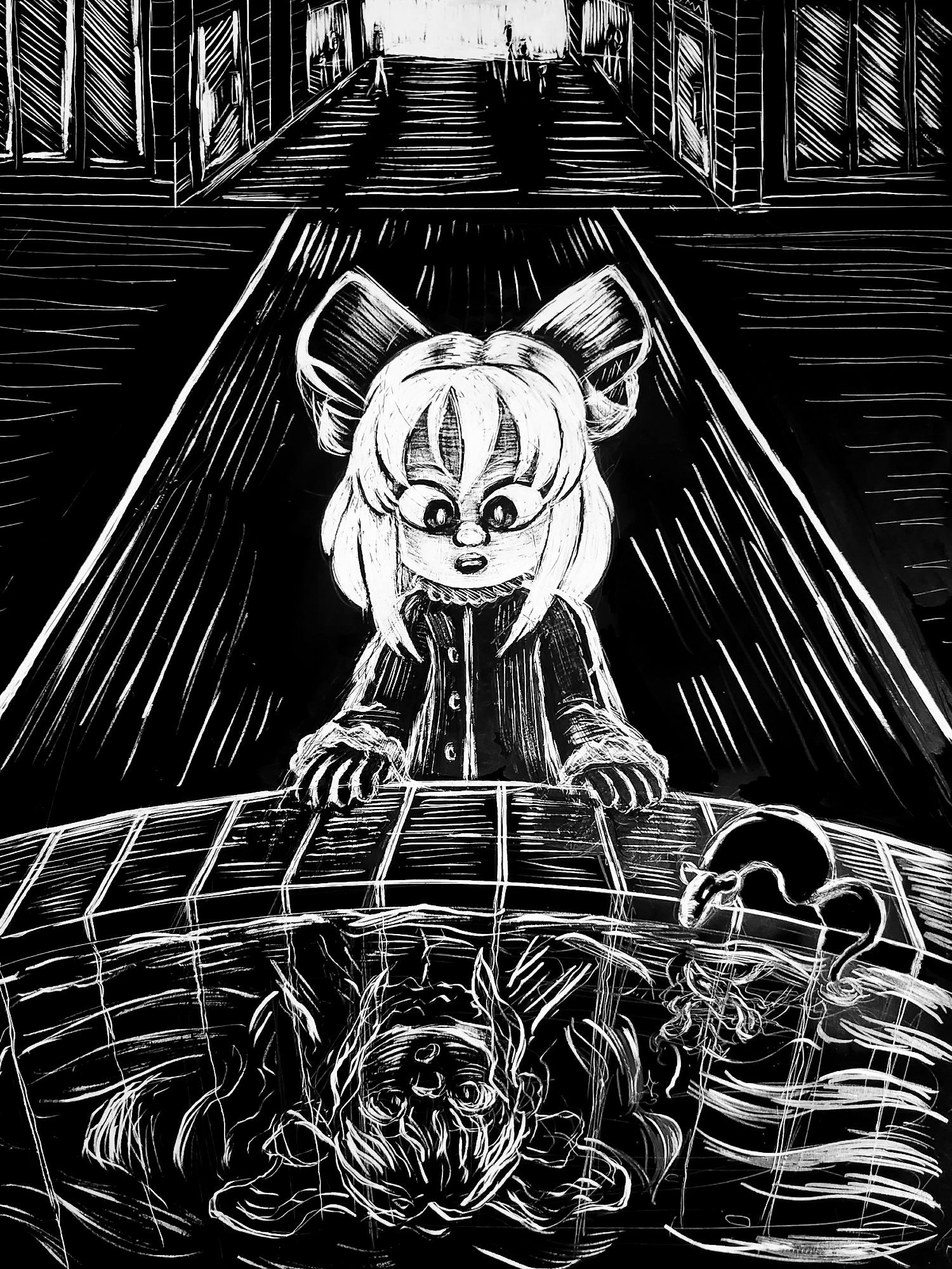 A scratchboard drawing of a child looking into a shopping mall fountain. A rat is hunched over looking into the water with them.