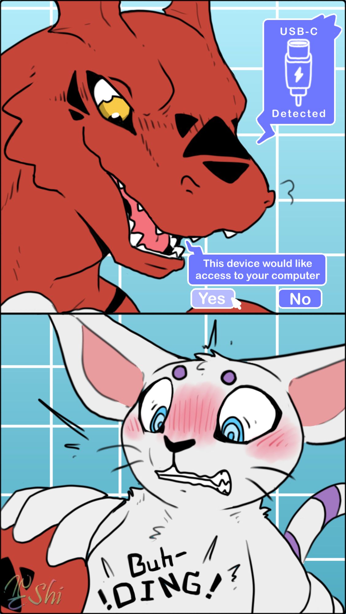 A guilmon in the top panel with a dialogue box saying "USB-C (the C stands for cock) Detected," "This device would like access to your computer, yes, no" A mouse hovers over the yes option. The bottom panel has a gatomon being held down by the guilmons claws, with a flushed face as a loud "Buh-DING" sound effect appears from a lower area that is not visible in the image.