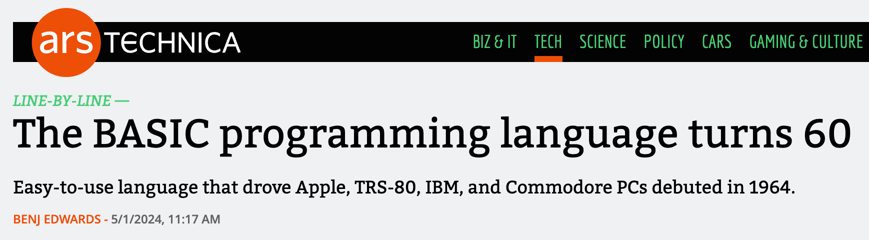 ars technica article from 5/1/2024 announcing 60th anniversary of the BASIC programming language