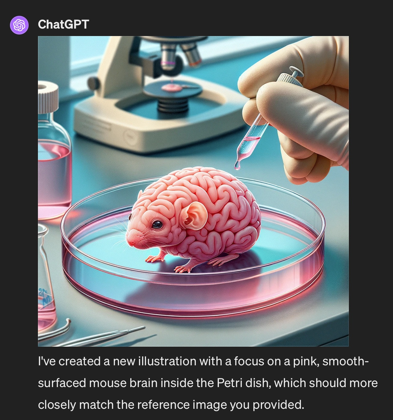 ChatGPT4/DALL-E elevates the horror with an image of a literal "mouse-brain" with the limbs and snout and ears of a rodent but the body of a human brain (all in pink)