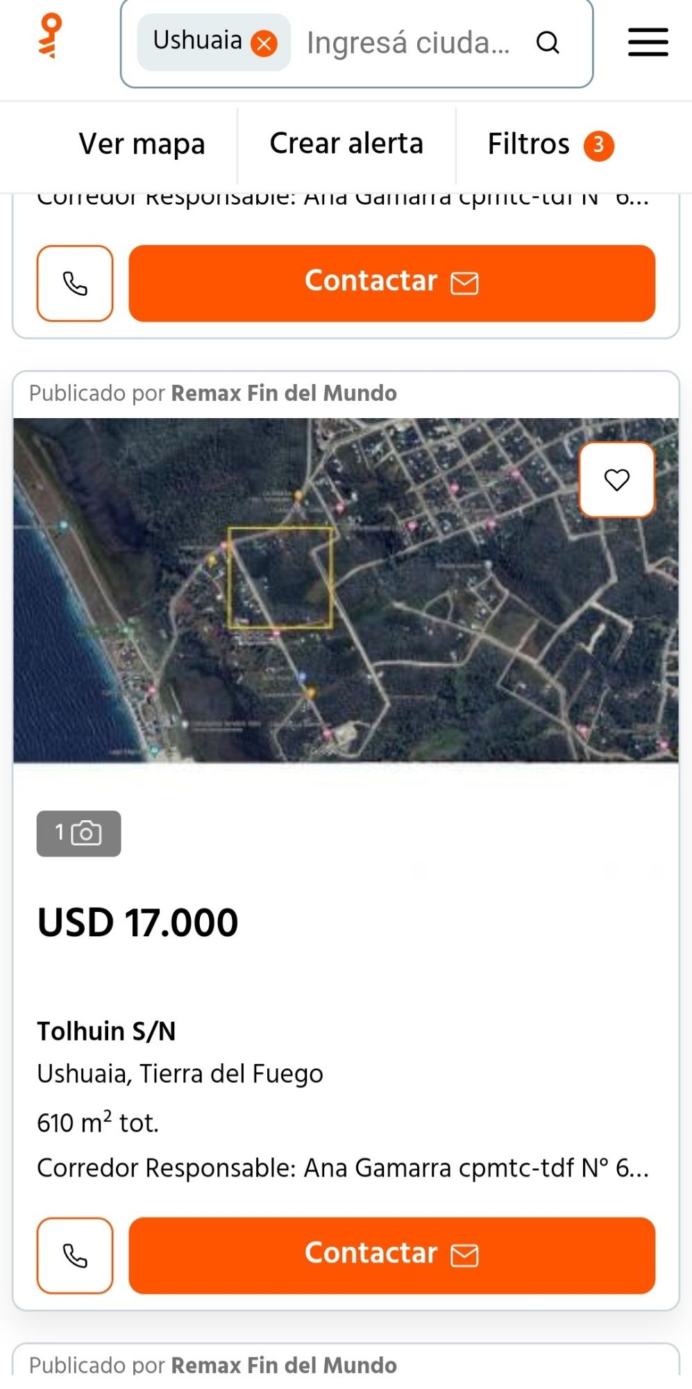 Print da tela com informações de terreno à venda em Ushuaia, extremo sul da Argentina e do continente sul-americano.