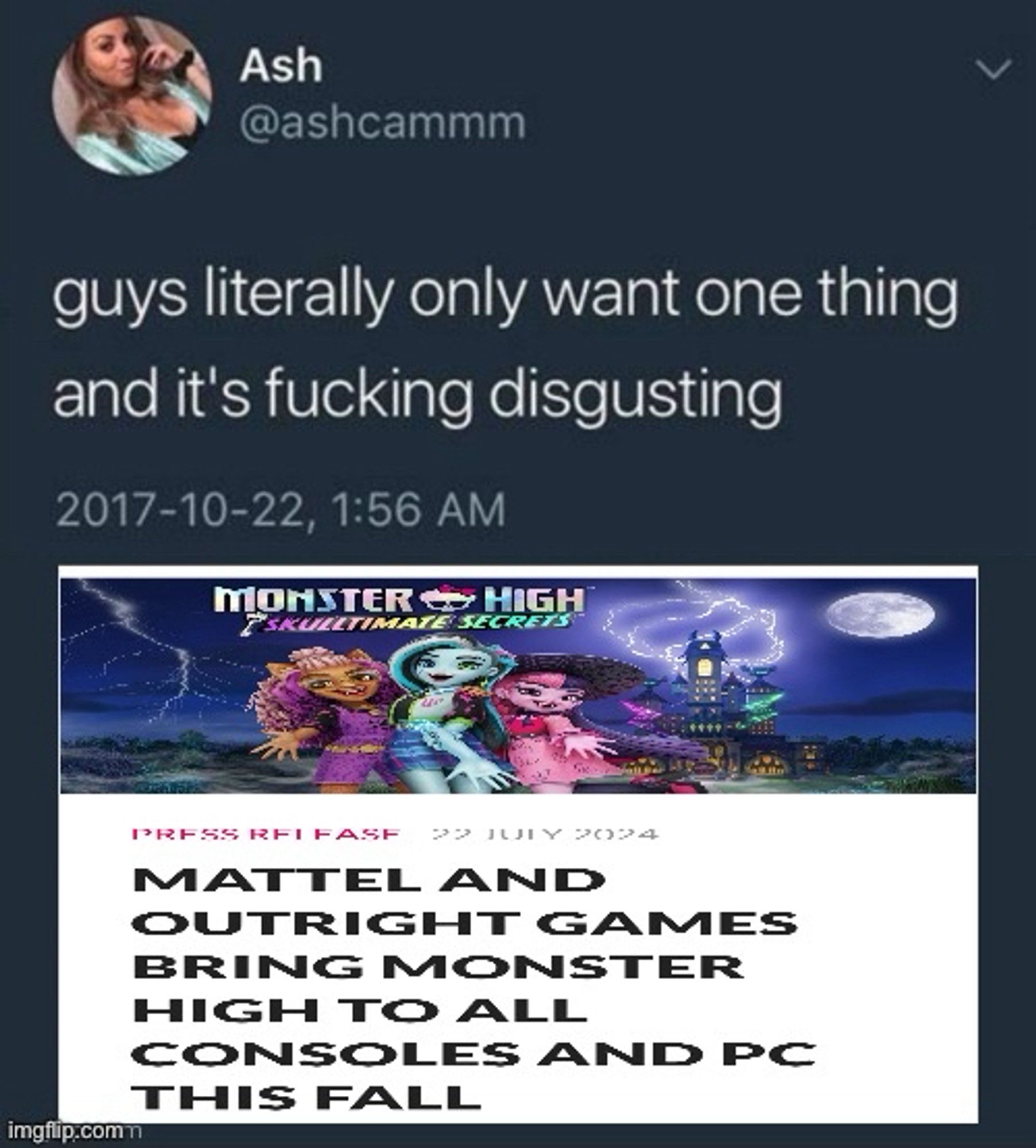 The guys literally only want one thing meme with a picture of a newly announced modern Monster High game