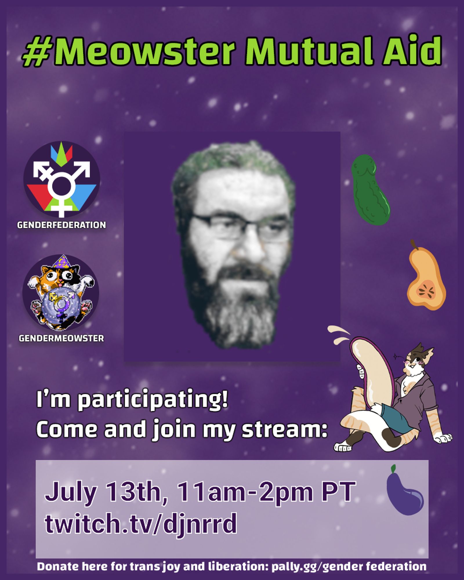 Meowster Mutual Aid - I’m Participating! Come and join my stream on my Twitch channel, DJNrrd on July 13th, 11am-2pm. In the center, a profile picture is featured: A black and white image of a bearded white man with glasses. There are gray hairs in the chin, and some green mossy bits in his hair