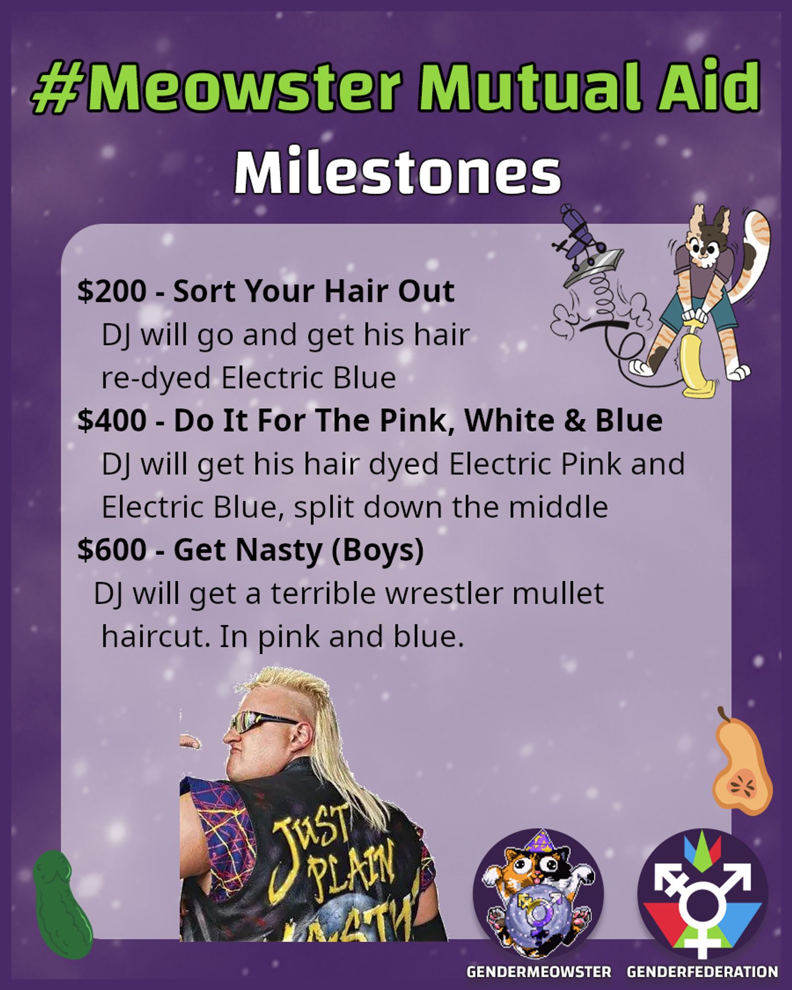 $200 - Sort your Hair out.  DJ will go and get his hair re-dyed Electric Blue.  $400 - do it for the Pink, White and Blue.  DJ will get his hair dyed Electric Pink and electric Blue, split down the middle.  $600 - Get nasty (Boys). DJ will get a terrible wrestler mullet haircut. In pink and blue.