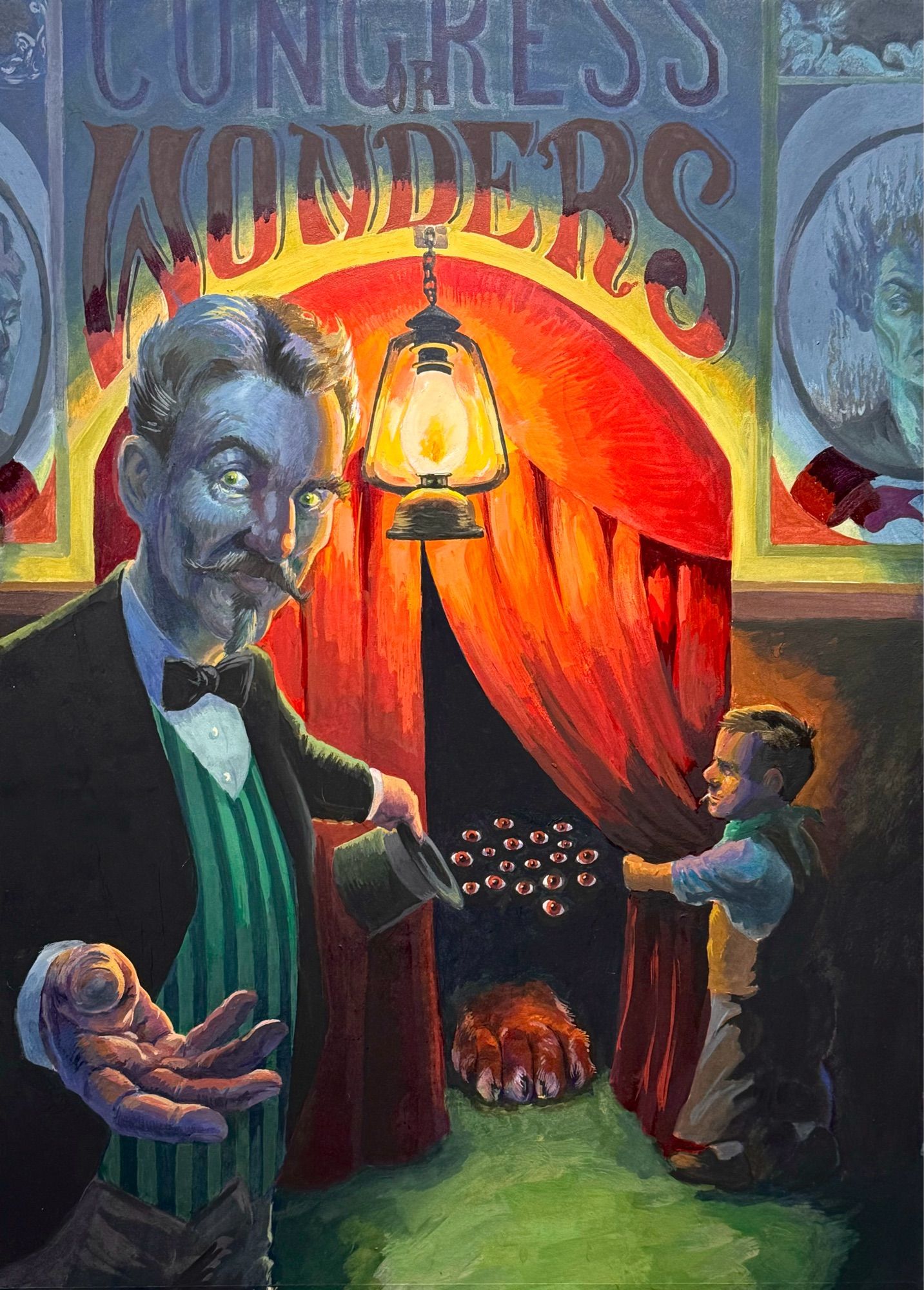 A painting of a night time scene lit by a kerosene lantern. A carnival barker stands near you, reaching his hand out to you, as he gestures toward a pair of red velvet curtains being held open by a little man. In the darkness behind the curtains you see an enormous red feline paw and, in the gloom above the paw, a cluster of eyes. In the shadows above the door the sign reads Congress of Wonders.