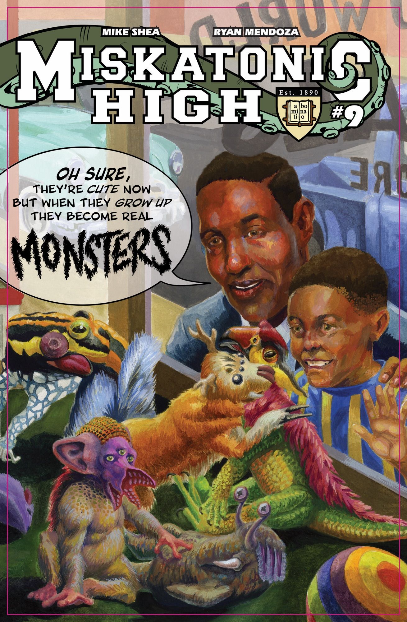 Variant cover for Miskatonic High comic book (issue 9). A father and son peer in a pet store window looking at the small weird creatures on display. The creatures are a mix of colorful, weird chimera including a toad with furry hind legs and tail, a simian with a multi-jawed mouth that opens like a flower, and a  canid with multiple insectoid eyes and antlers.