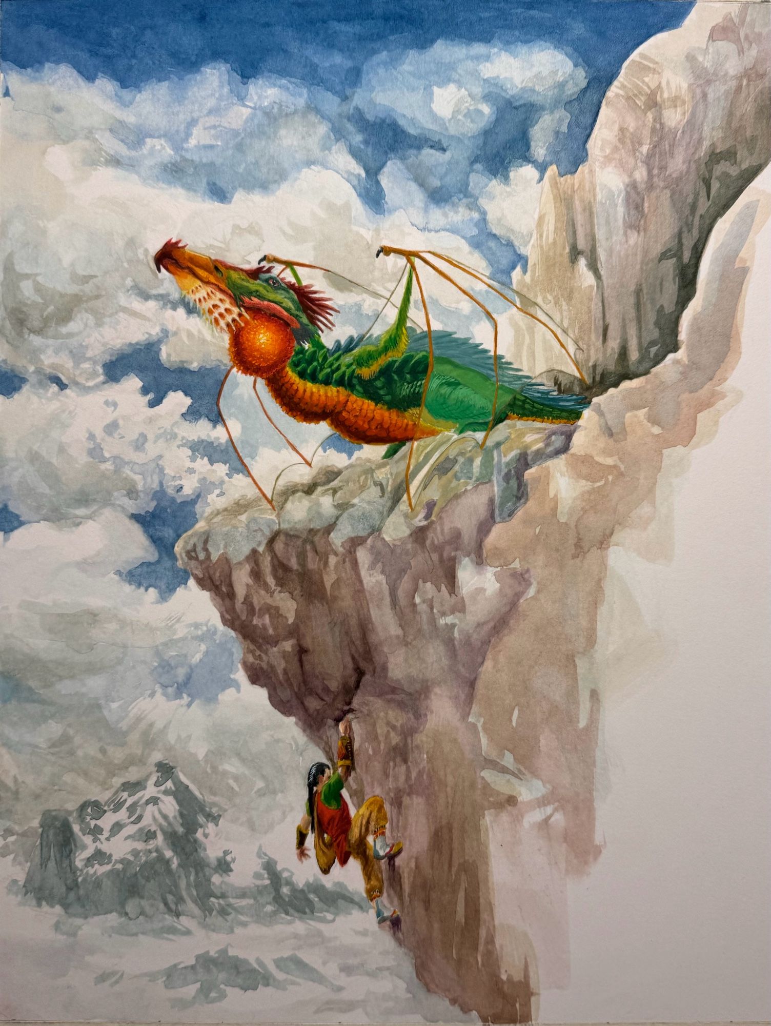 The Egg Thief. A dragon squats atop a mountainous ledge in front of a cave opening, its wing bent as it readies to take flight. Hidden from view by the steep outcropping of the ledge, a thief climbs up, an empty sack slung over their shoulder in anticipation of the dragon’s egg, they hope to find.