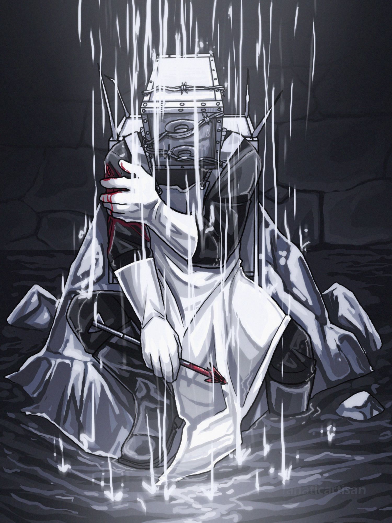 a greyscale image of the Keeper, a safe-headed antagonist from the horror game “The Evil Within,” sitting on a large stone surrounded by dark water. His head is bent in defeat, and he clutches a bloody shoulder, a crossbow bolt held in his other hand. water pours down from above, soaking him.