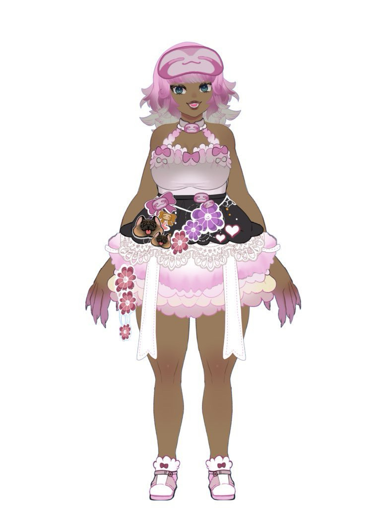 A full body image of Rosie who is wearing a white dress with pink gradient frills and pink bows. The top layer of the skirt is black and has little charms of her sloth eye mask, pink and purple flowers, two hearts and two French bulldog faces that are huppy buppys 