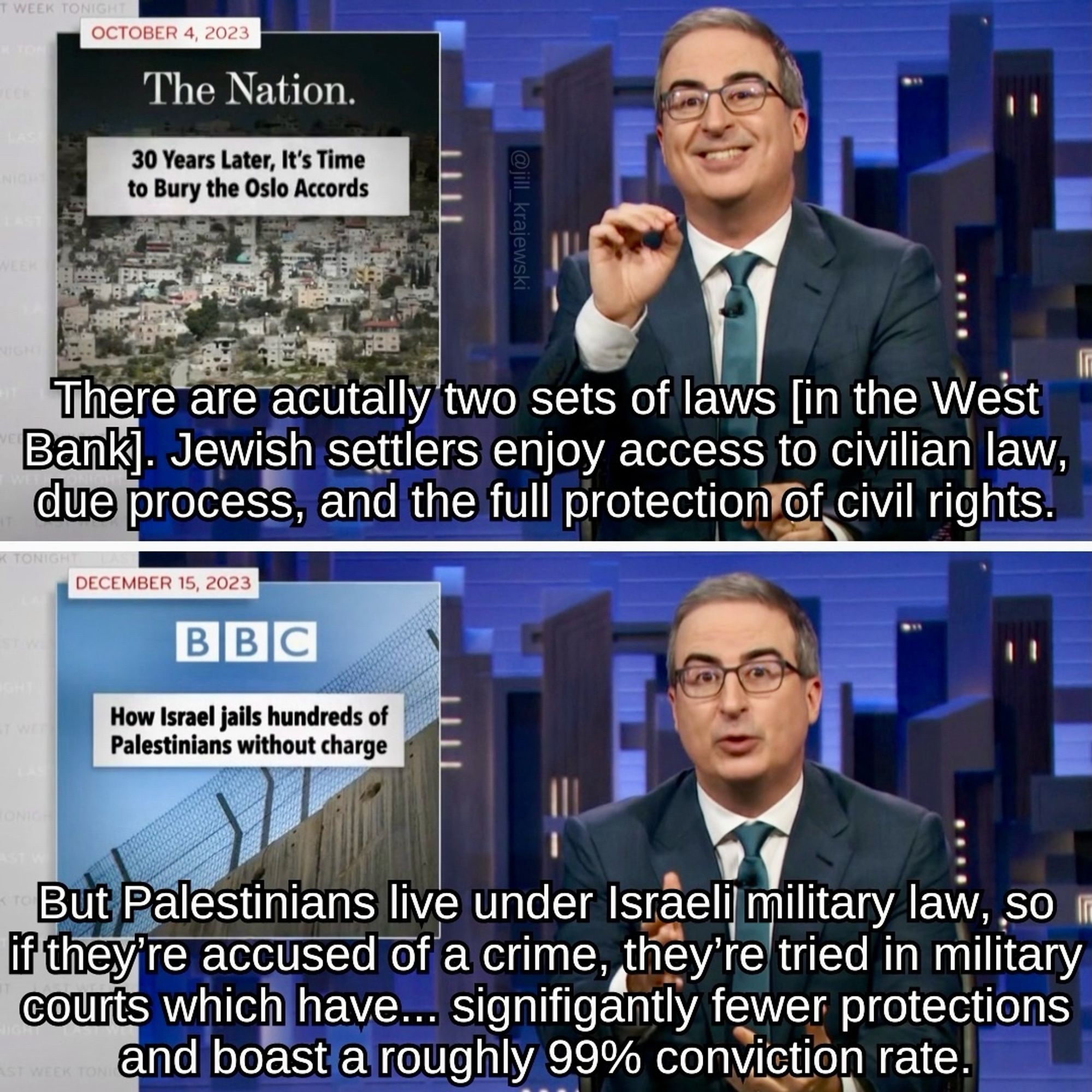 Image 1: Building on stolen land is an inherently political act. It is also, by the way, copyright infringement.

Image 2:
Just because Israeli settlers call the West Bank] a nice place to live doesn't make it any less illegal under international law.

Image 3:
When you occupy territory as an outcome of war, you are not allowed to expel people or move your own citizens in, and Israel knew this at the time. But they built settlements anyway, and continued for decades.

Image 4:
There are acutally two sets of laws [in the West Bank]. Jewish settlers enjoy access to civilian law, due process, and the full protection of civil rights.

But Palestinians live under Israeli military law, so if they're accused of a crime, they're tried in military courts which have... signifigantly fewer protections and boast a roughly 99% conviction rate.