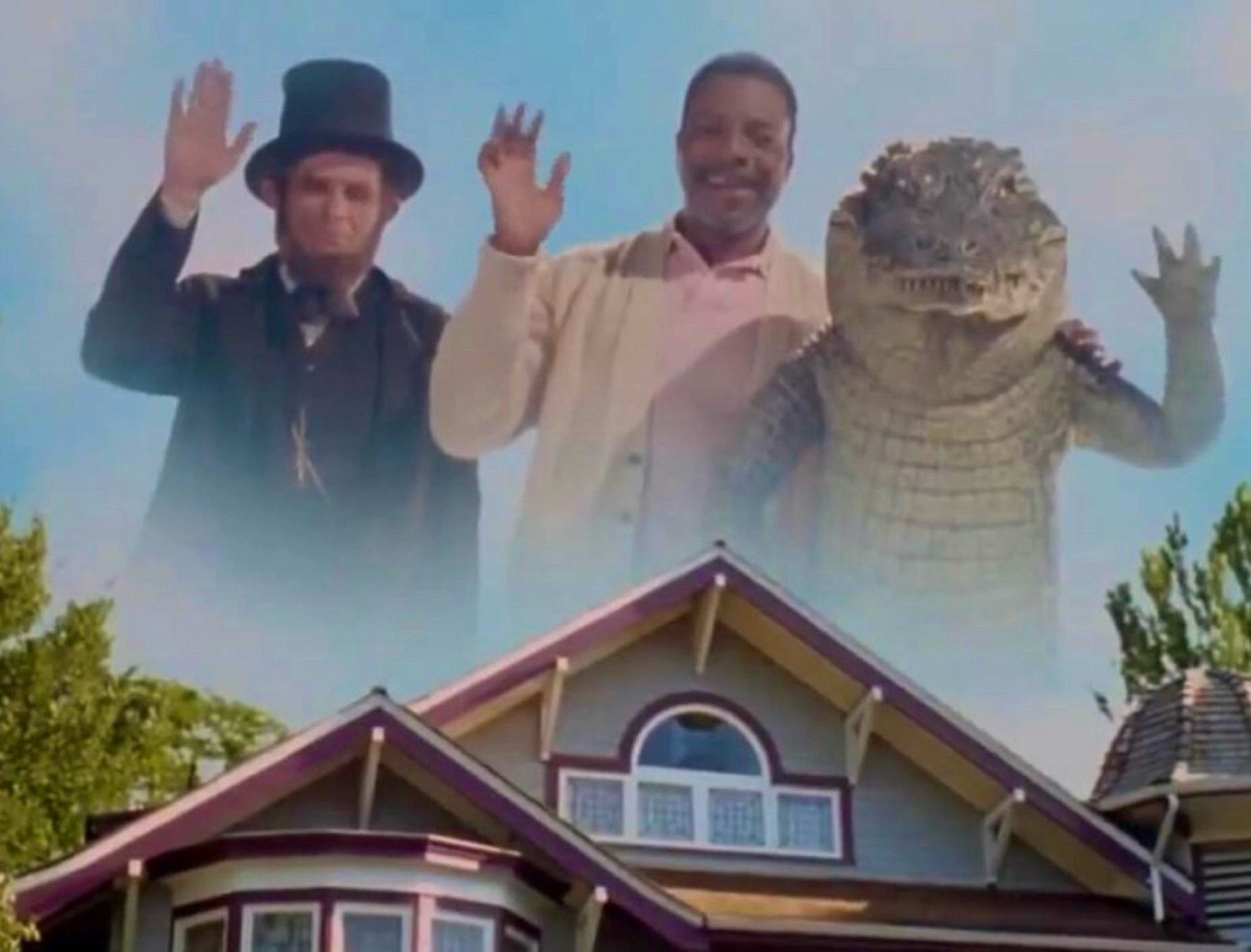 carl weathers waving from the sky with abe lincoln and a gator in ‘happy gilmore’