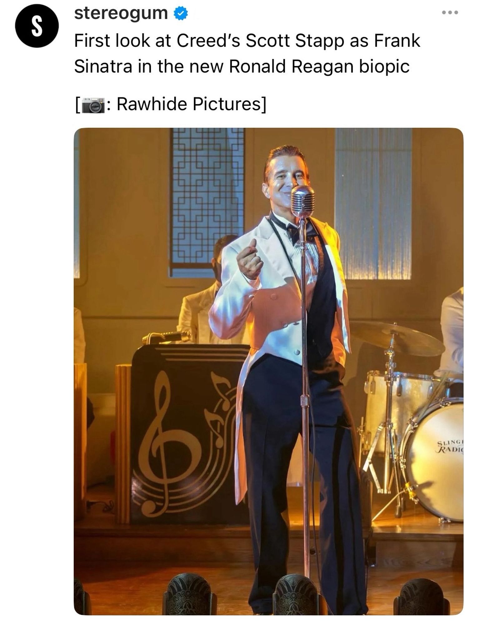 stereogum posted on threads: First look at Creed's Scott Stapp as Frank Sinatra in the new Ronald Reagan biopic