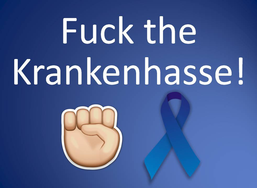 Blaue Kachel mit blauer Schleife und erhobener Faust.
text: Fuck the Krankenhasse!