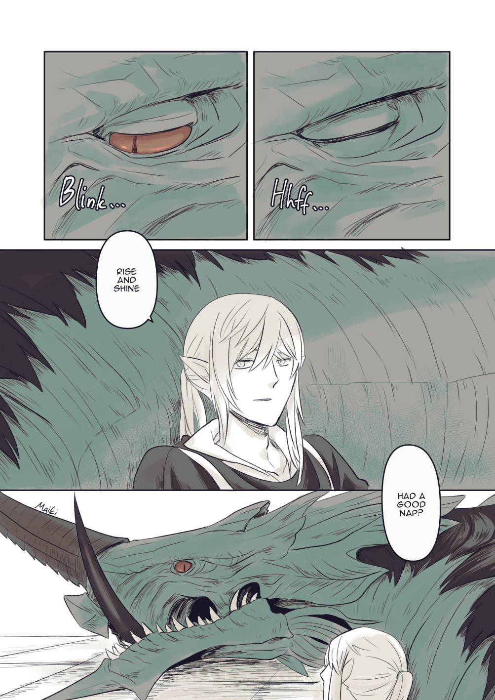 A one-page comic that is an expansion of the artwork of Vrtra and Estinien having a nap. The panel flow goes from right to left.

The first panel shows a close up of Vrtra's eye closed from slumber. The next panel is still a close-up of his eye, but now slowing opening.
The third panel switches to a first-person view of Estinien, who is still lying on Vrtra's neck but now looking directly to Vrtra. He grins and says, "Rise and shine. Had a good nap?"
The last panel is an over-the-shoulder shot from above Estinien's shoulder, looking towards Vrtra's face, who seems to be silently surprised seeing Estinien there.
The comic ends here.